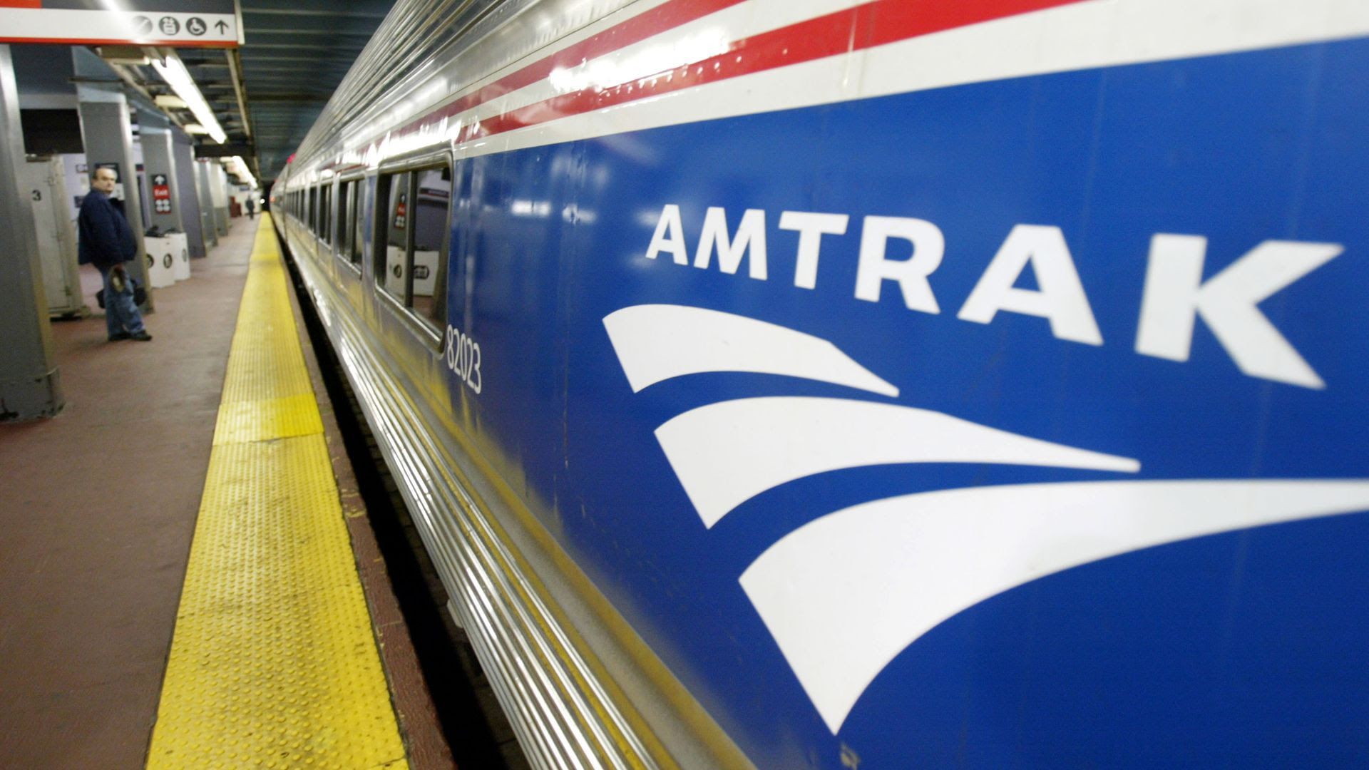 Amtrak train in a station