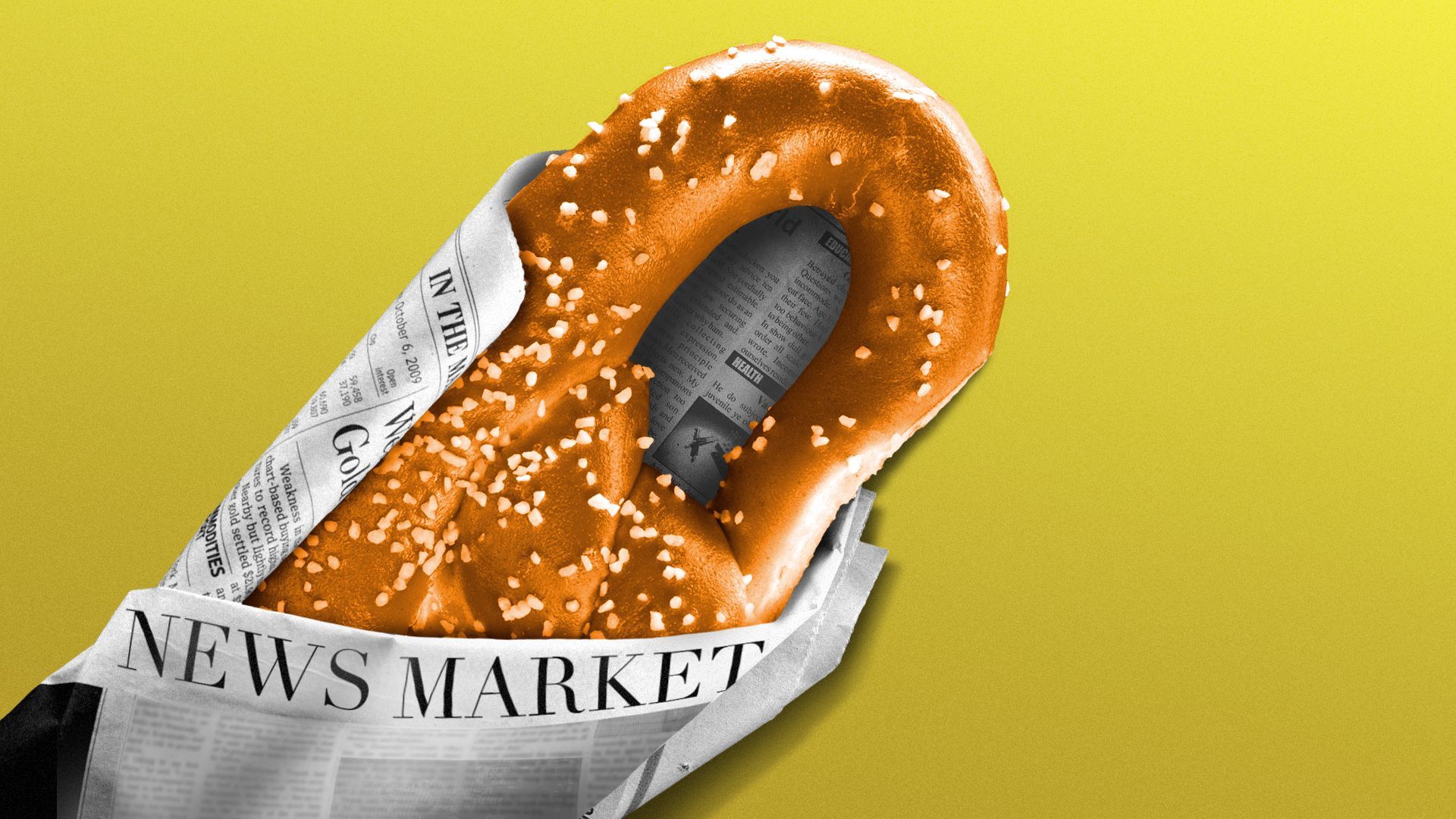 Illustration of a soft pretzel wrapped in a newspaper titled "News Market".