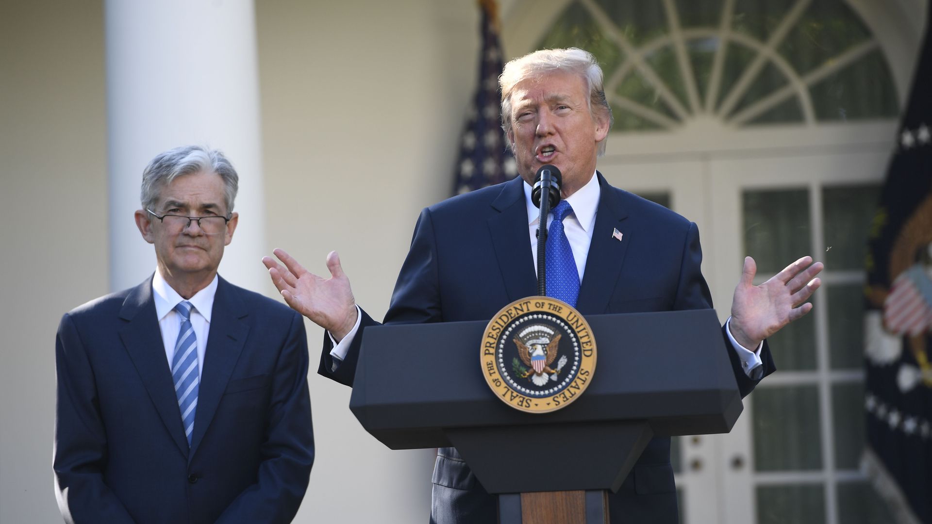 US President Donald Trump with Chairman of the Federal Reserve, Jerome Powell (L), in the Rose Garden of the White House