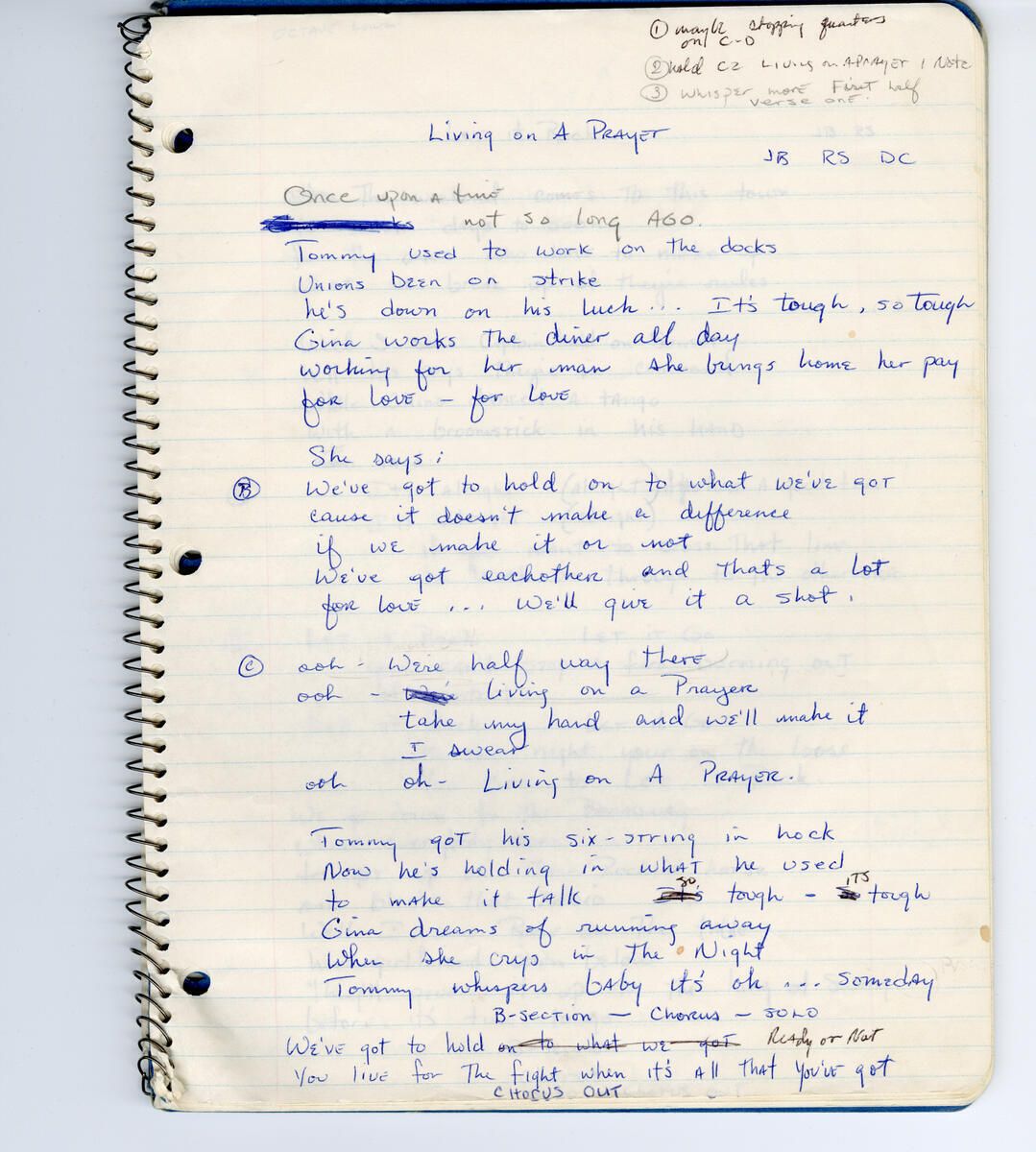 Handwritten lyrics to Bon Jovi's "Livin' on a Prayer." 