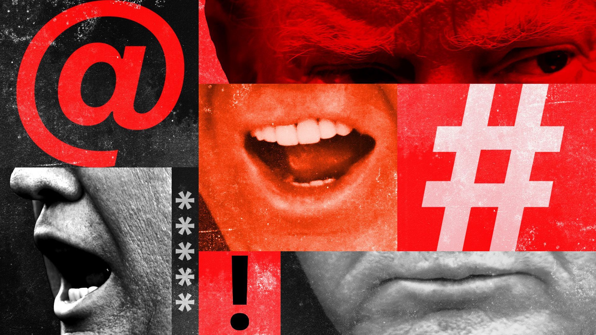 Illustrated collage featuring images of President Trump along with various boxes with symbols of swear words