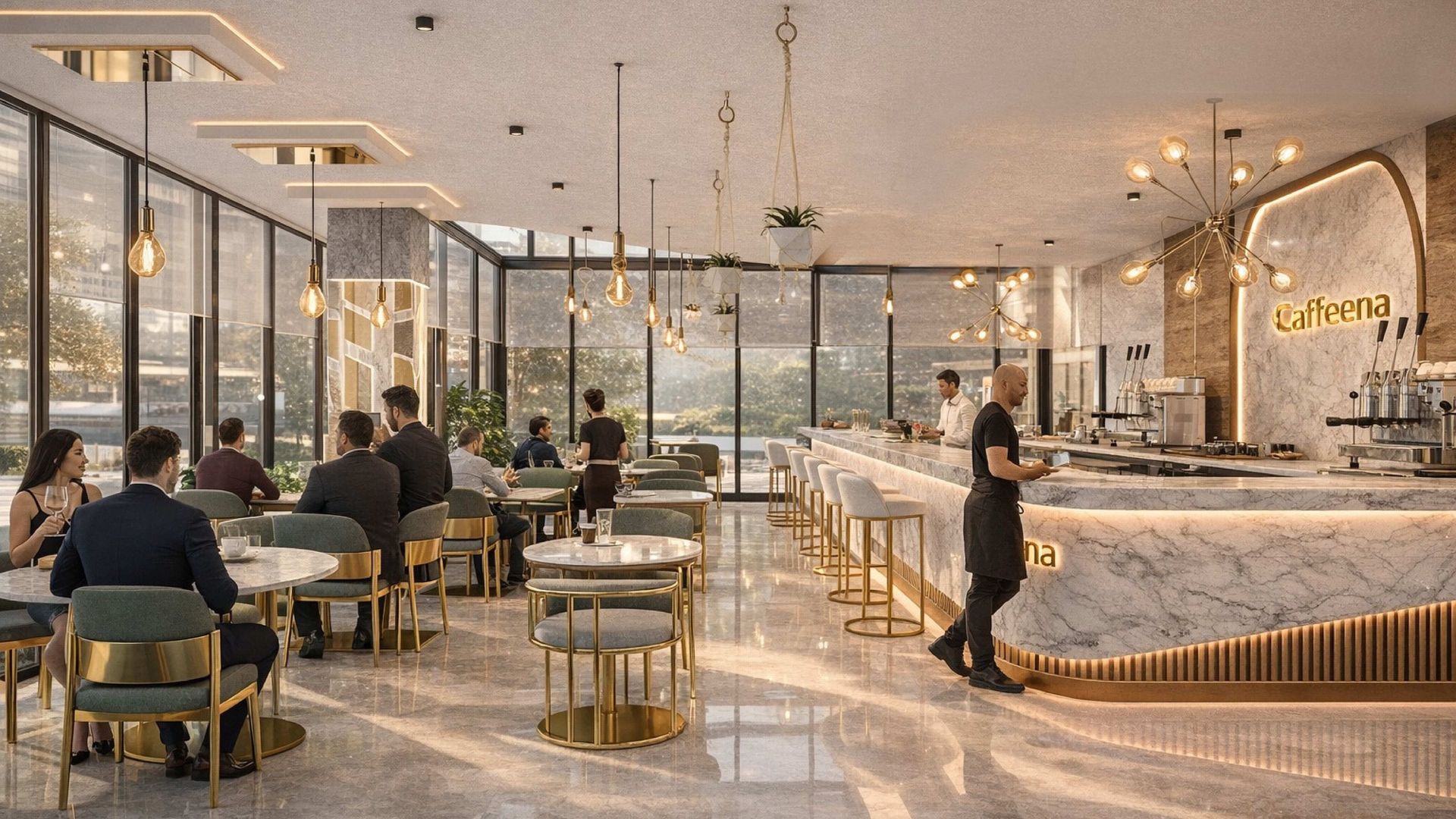 Modern, elegant café with marble floors and counters, gold-accented chairs and tables, hanging and ceiling lights, customers seated, and staff attending behind the counter labeled "Caffeena".