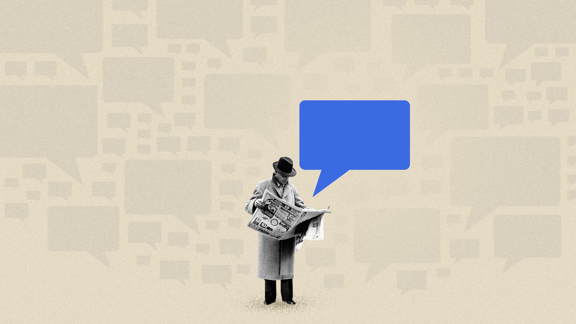 Photo illustration of a man reading a newspaper surrounded by speech bubbles