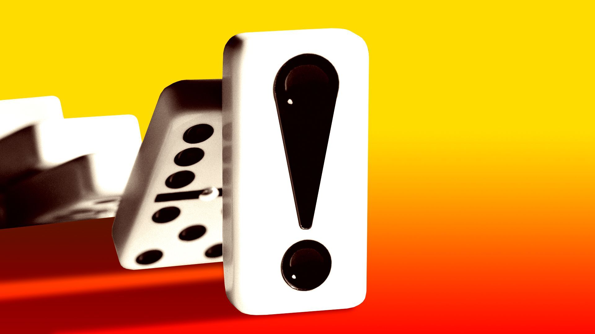 Illustration of dominos falling forward, with the last domino showing an exclamation point