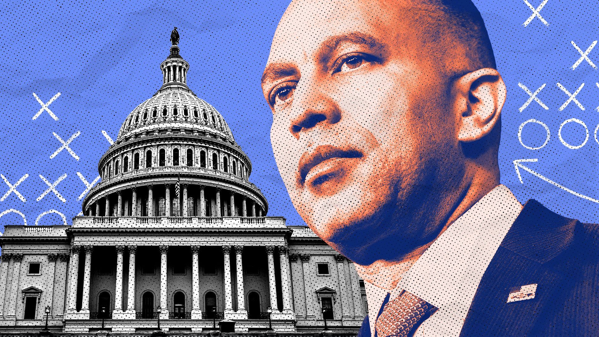 Photo illustration of Hakeem Jeffries collaged with the US Capital and game strategy drawings.