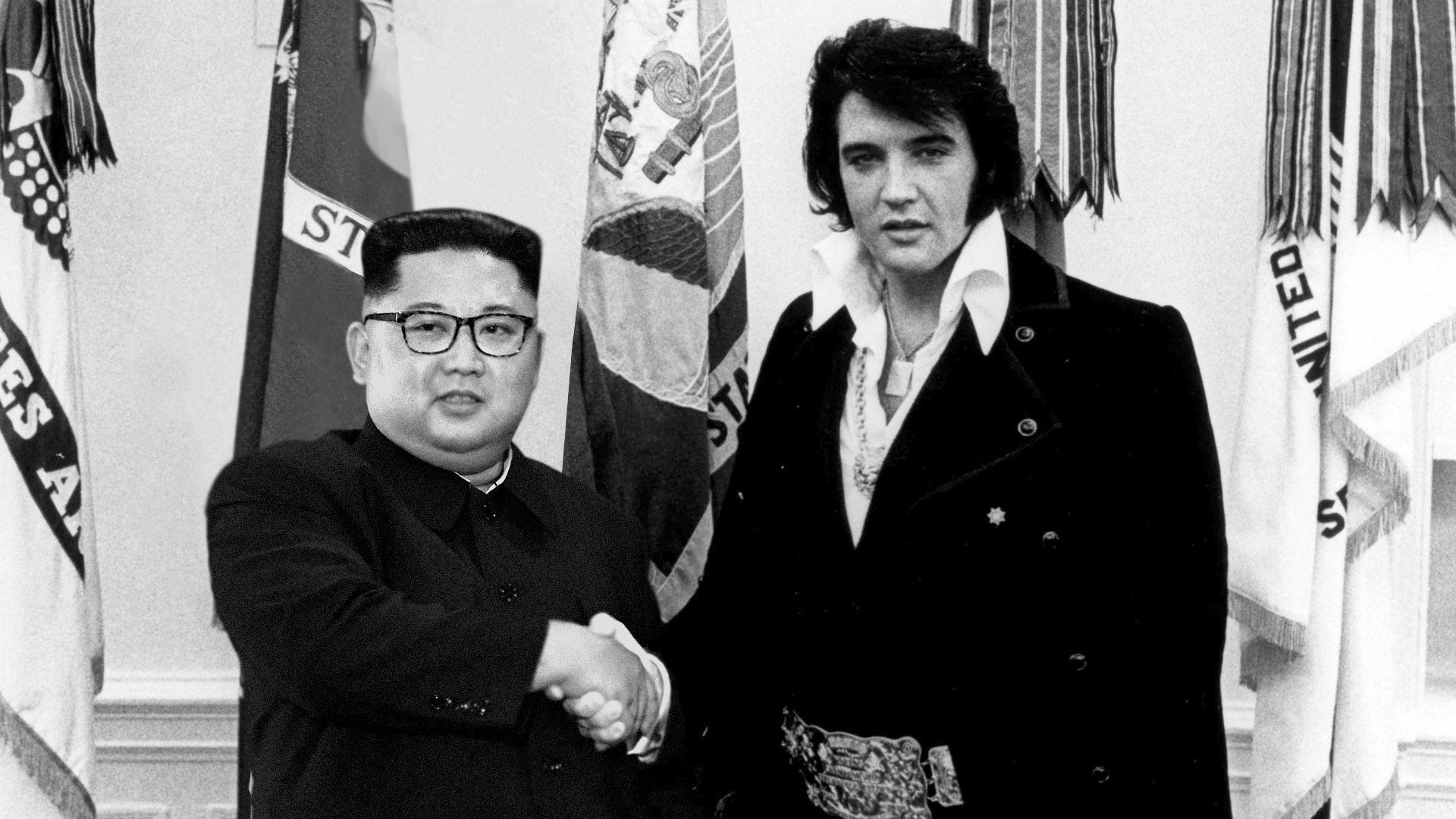 Altered image of Elvis shaking hands with Kim Jong-Un