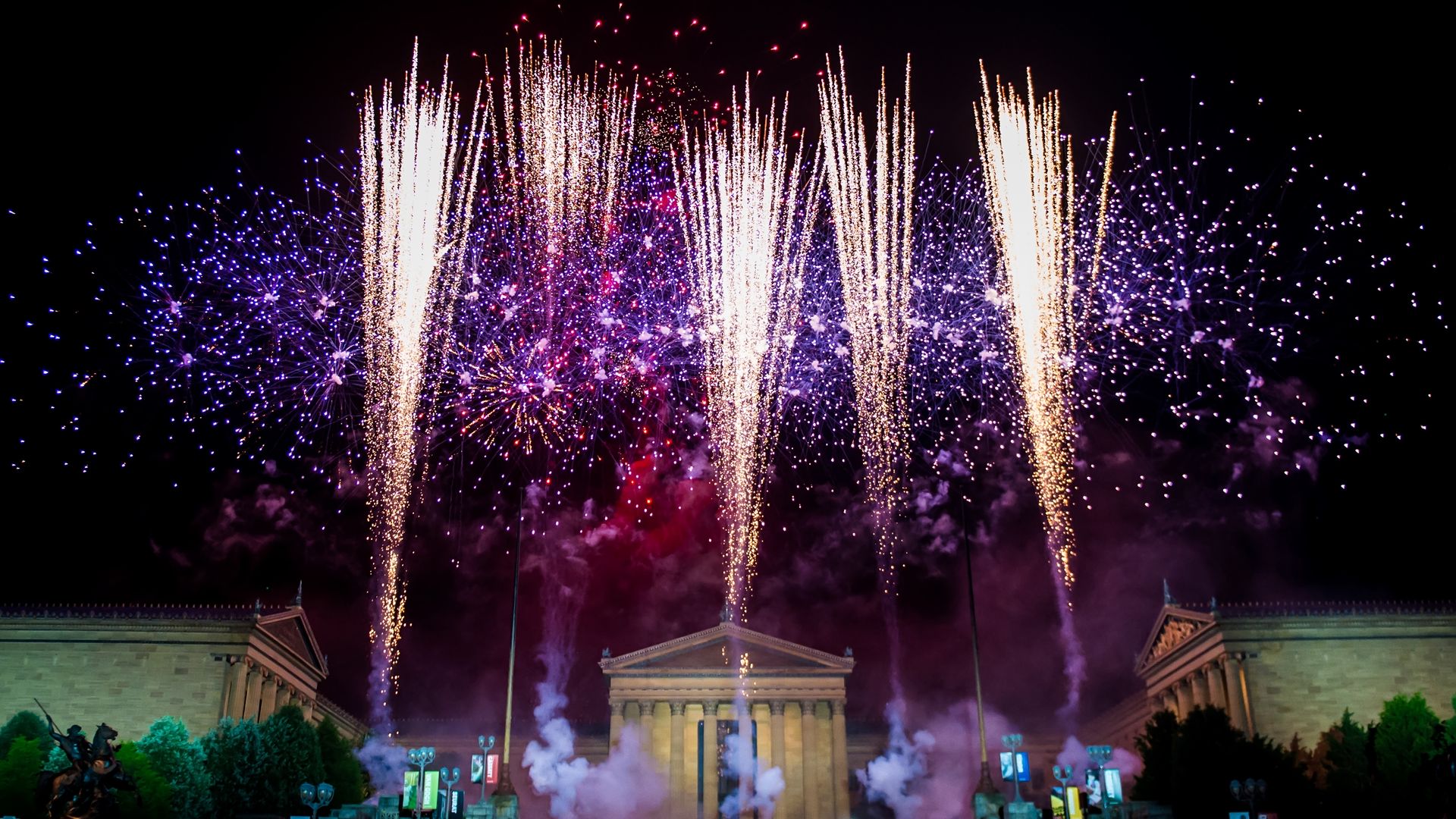 Fireworks in front of the Philadelphia Museum of Art.