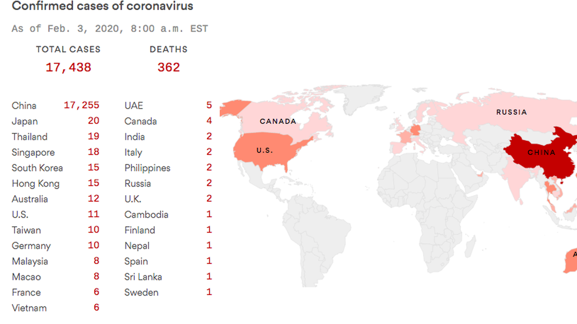 Resultat d'imatges de coronavirus latest news map 3 feb