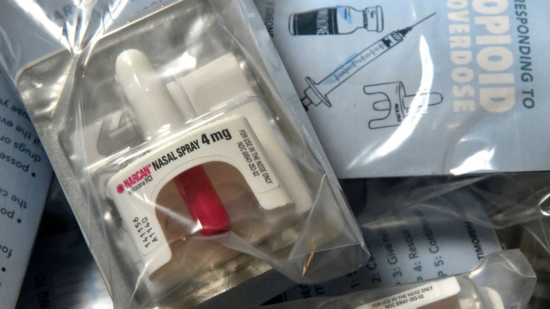 A packaged nasal dose of naloxone.