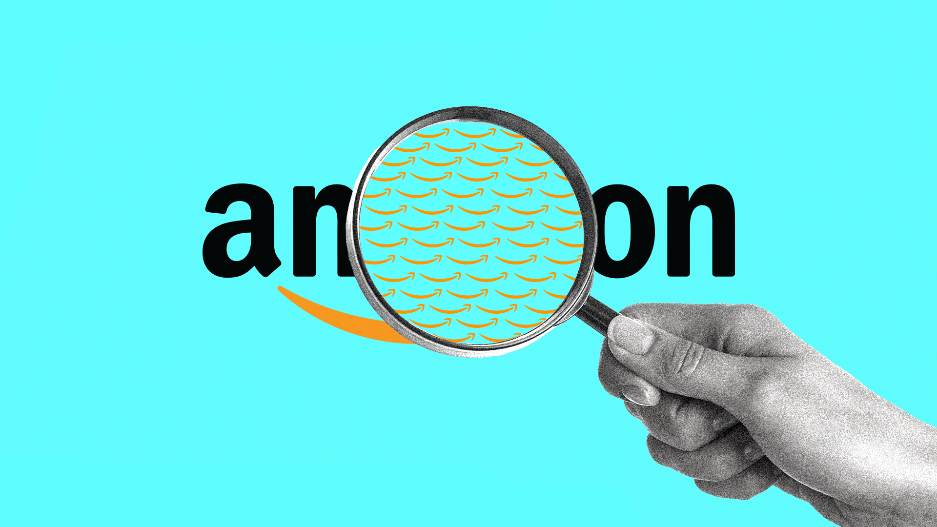 Illustration of a magnifying glass examining the Amazon logo and finding it made up of little Amazon smiles.