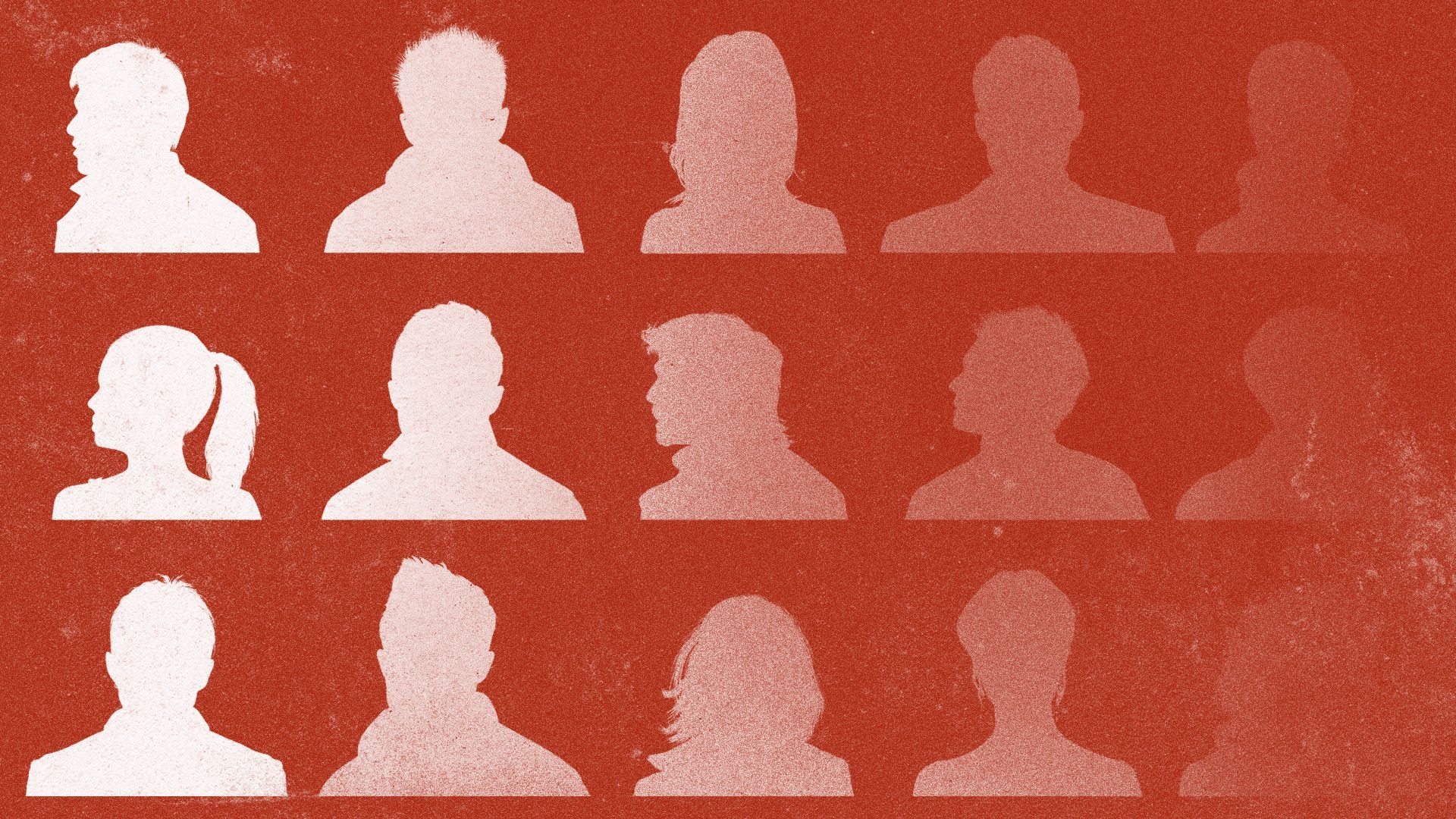Illustration of a grid of silhouettes of people's faces fading from left to right.