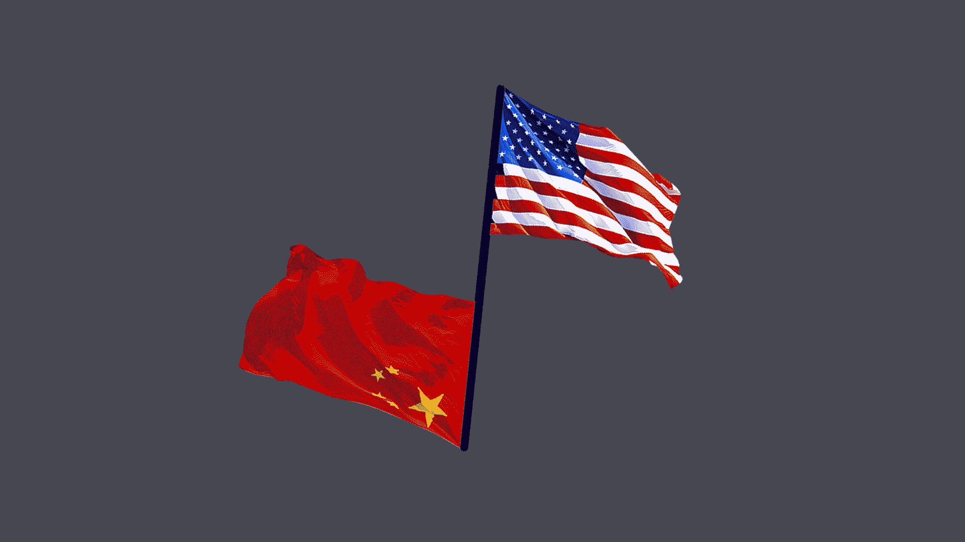 Illustration of a Chinese flag and a US flag chasing rotating