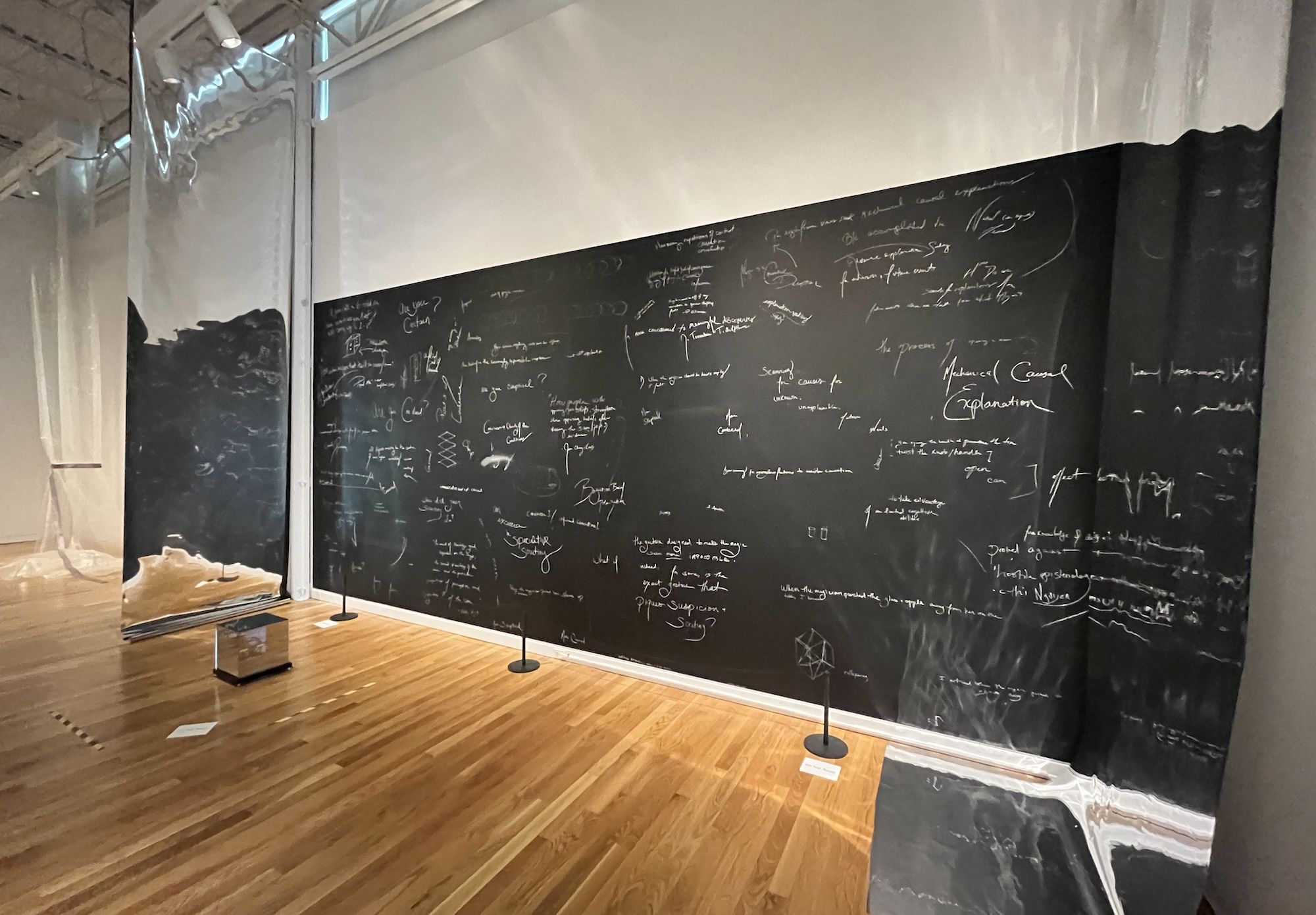An art gallery with a long black chalkboard wall full of white chalk scribbles and diagrams, glass partitions, and a wooden floor.