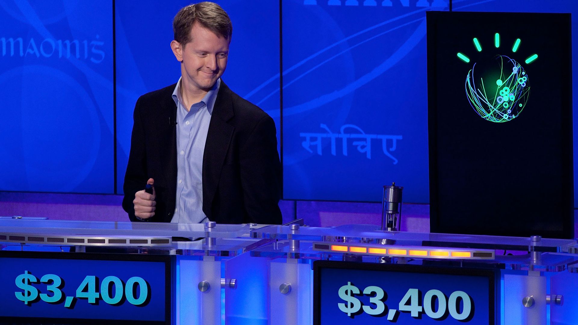 Photo of Ken Jennings playing IBM Watson on Jeopardy