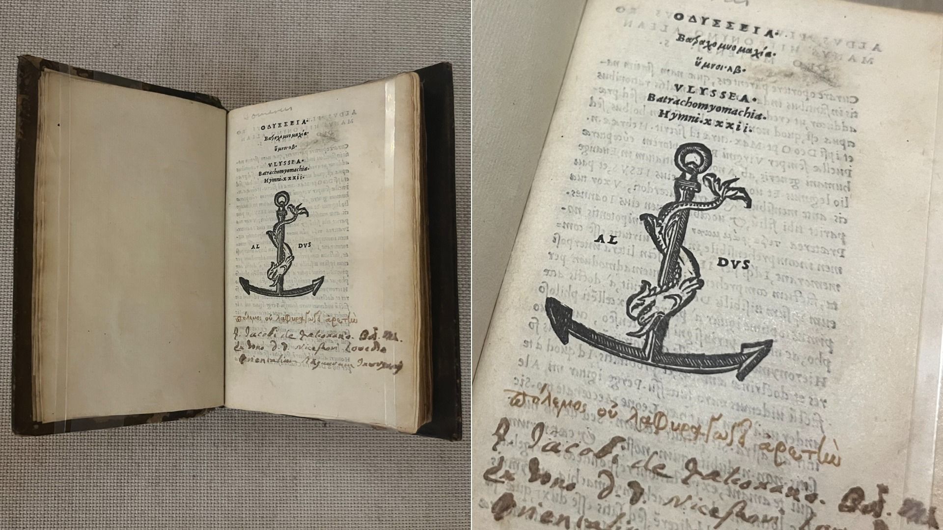 Open antique book showing an ink engraving of an anchor wrapped with rope on the right-hand page, with Latin text above; worn pages and a dark leather cover on the left.
