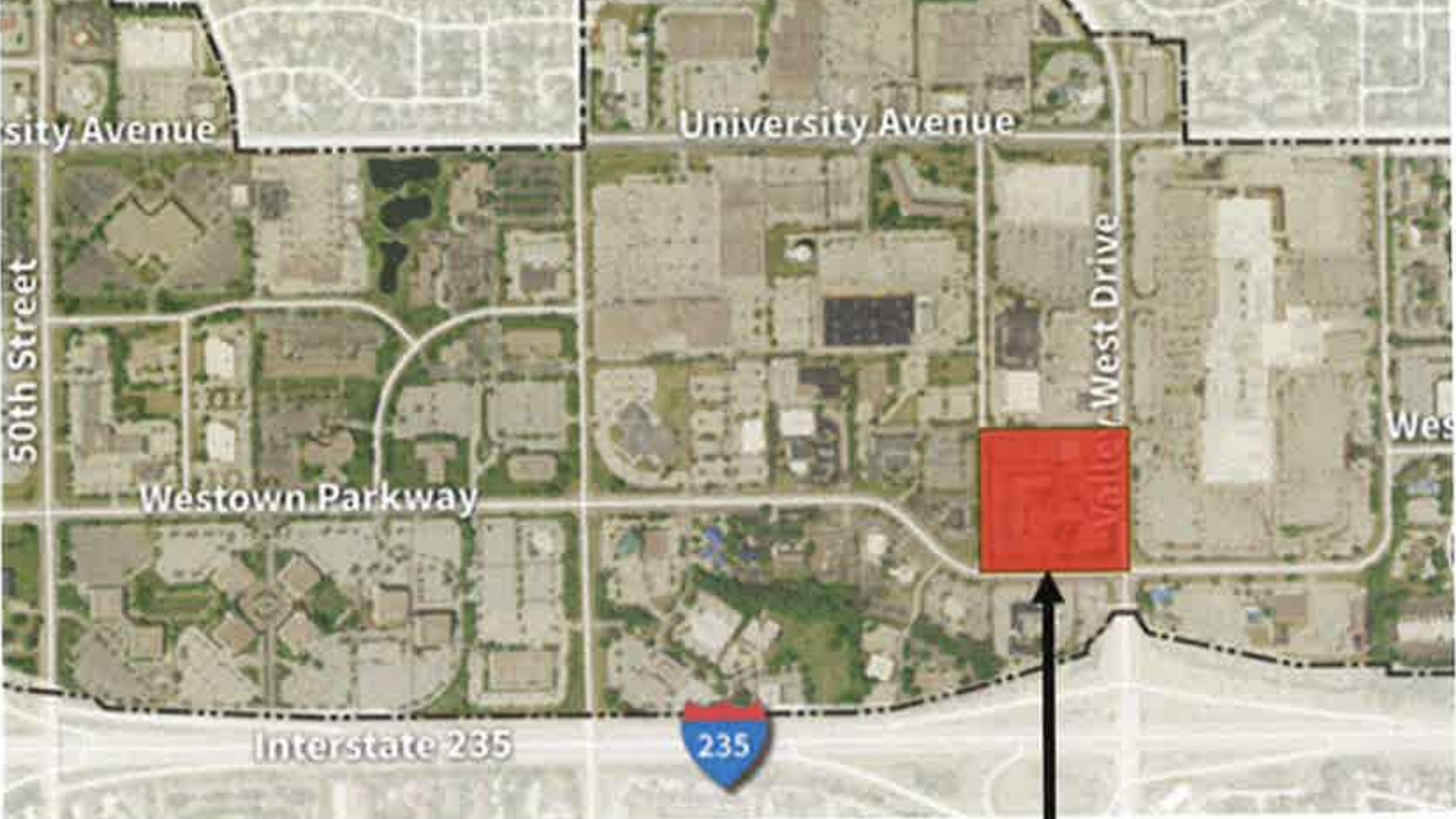 Map showing streets including University Avenue, Valley West Drive, Westown Parkway, 50th Street, and Interstate 235, with a red square near Valley West Drive and Westown Parkway.