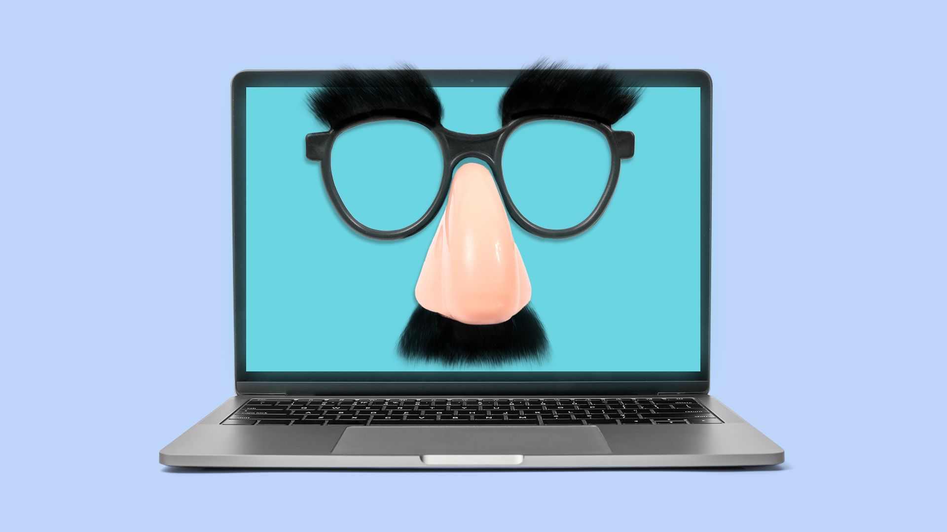 Open laptop with screen displaying a novelty disguise featuring black glasses, bushy eyebrows, a large fake nose, and a mustache against a light blue background.