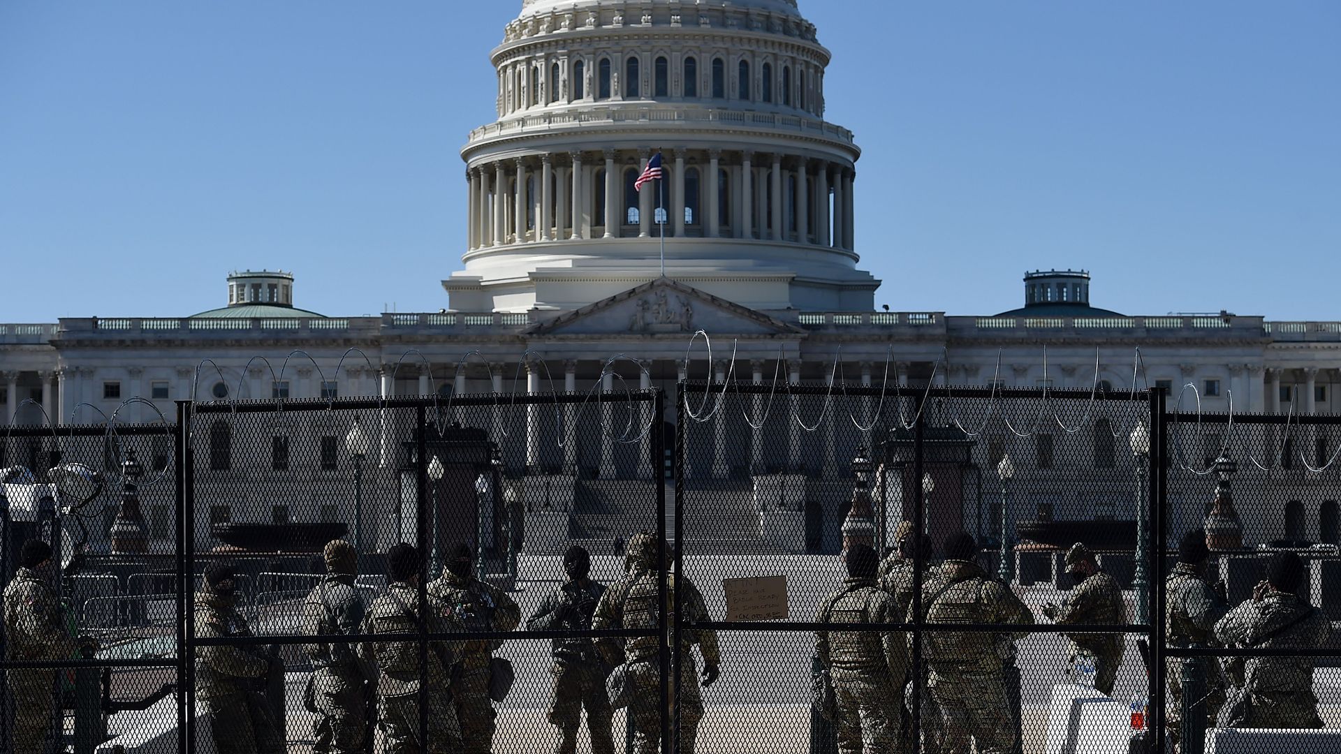 Members of the National Guard watch a checkpoint on Capitol Hill on March 5, 2021, in Washington, DC