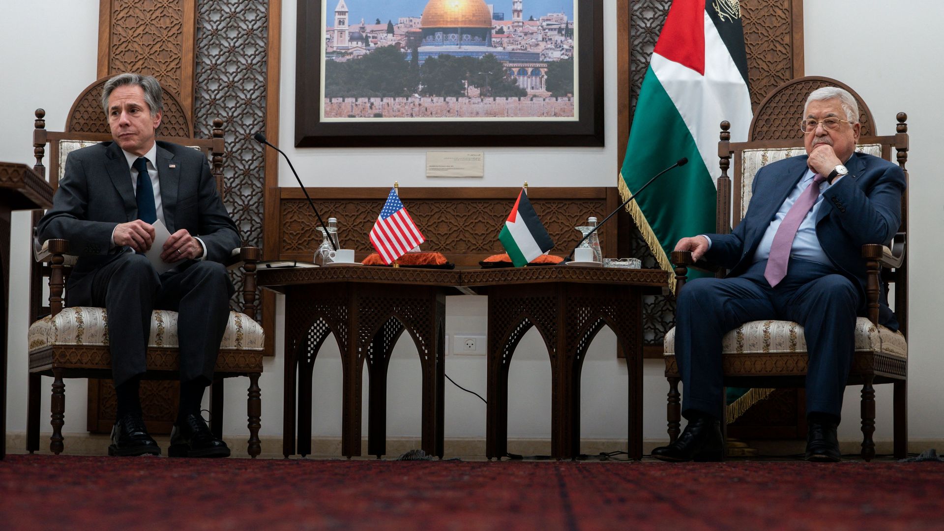 US Secretary of State Antony Blinken, left, meets with Palestinian leader Mahmoud Abbas, on March 27, 2022, in the West Bank city of Ramallah.