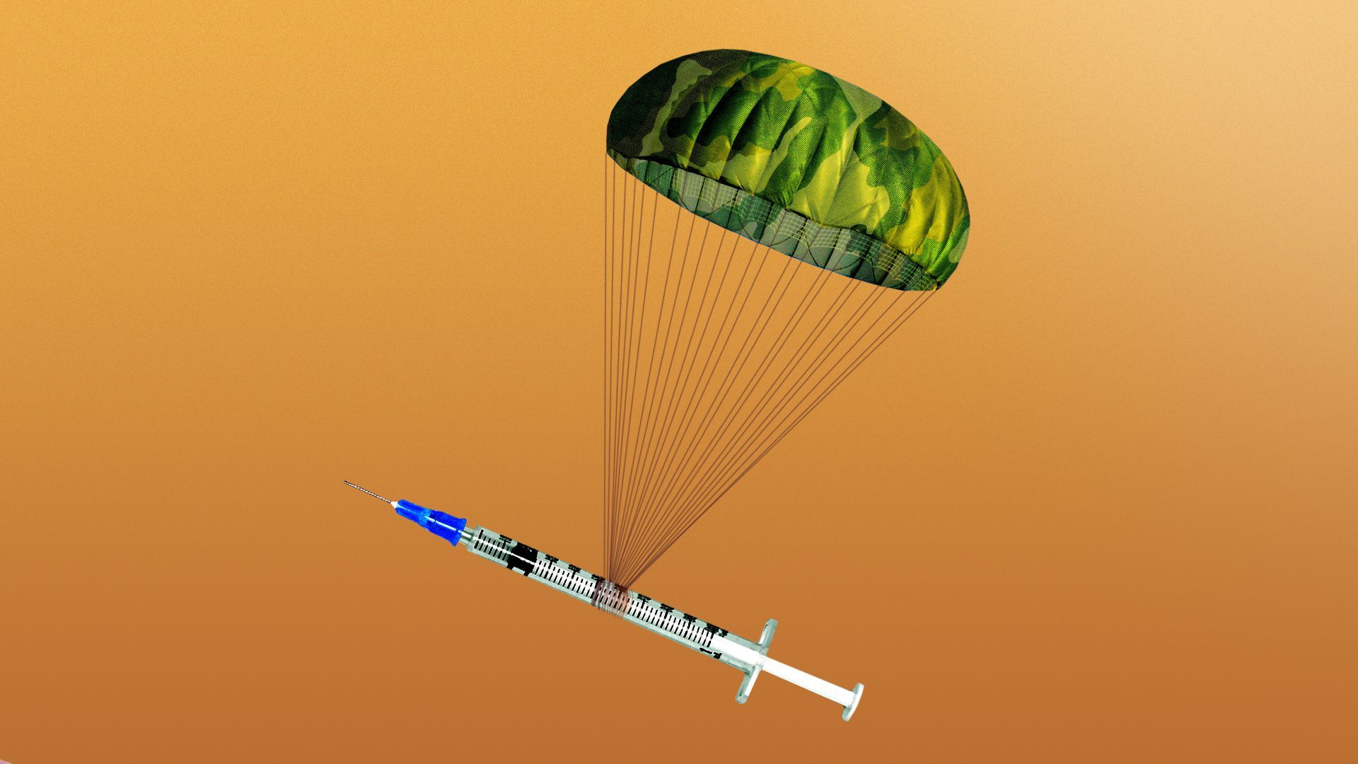 Illustration of a syringe attached to an army camouflage parachute