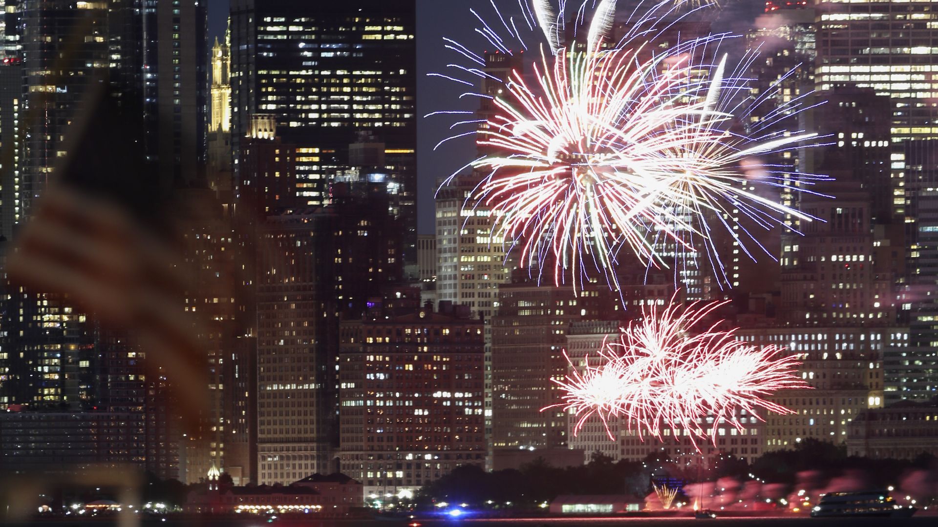 New York celebrates with fireworks.