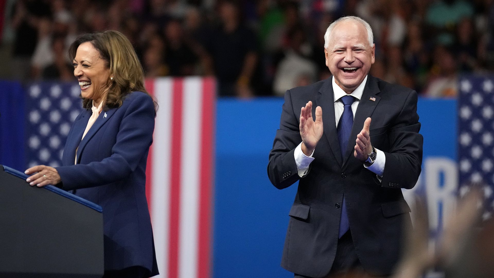 Kamala Harris and Democratic vice presidential candidate Minnesota Gov. Tim Walz appear on stage together during a campaign event at Girard College on August 6, 2024 in Philadelphia,