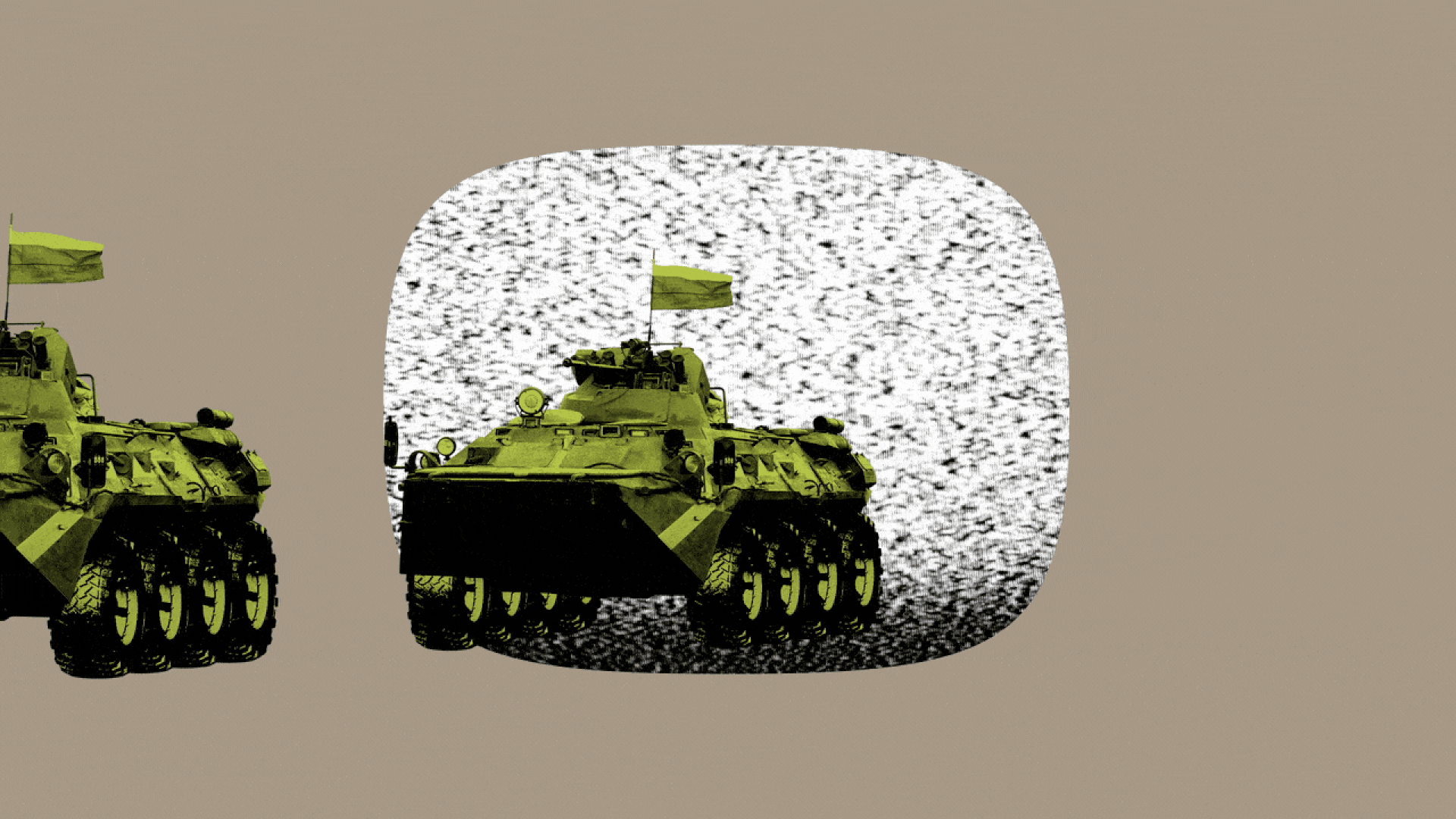 Illustration of a line of tanks coming out of a static-filled TV screen.