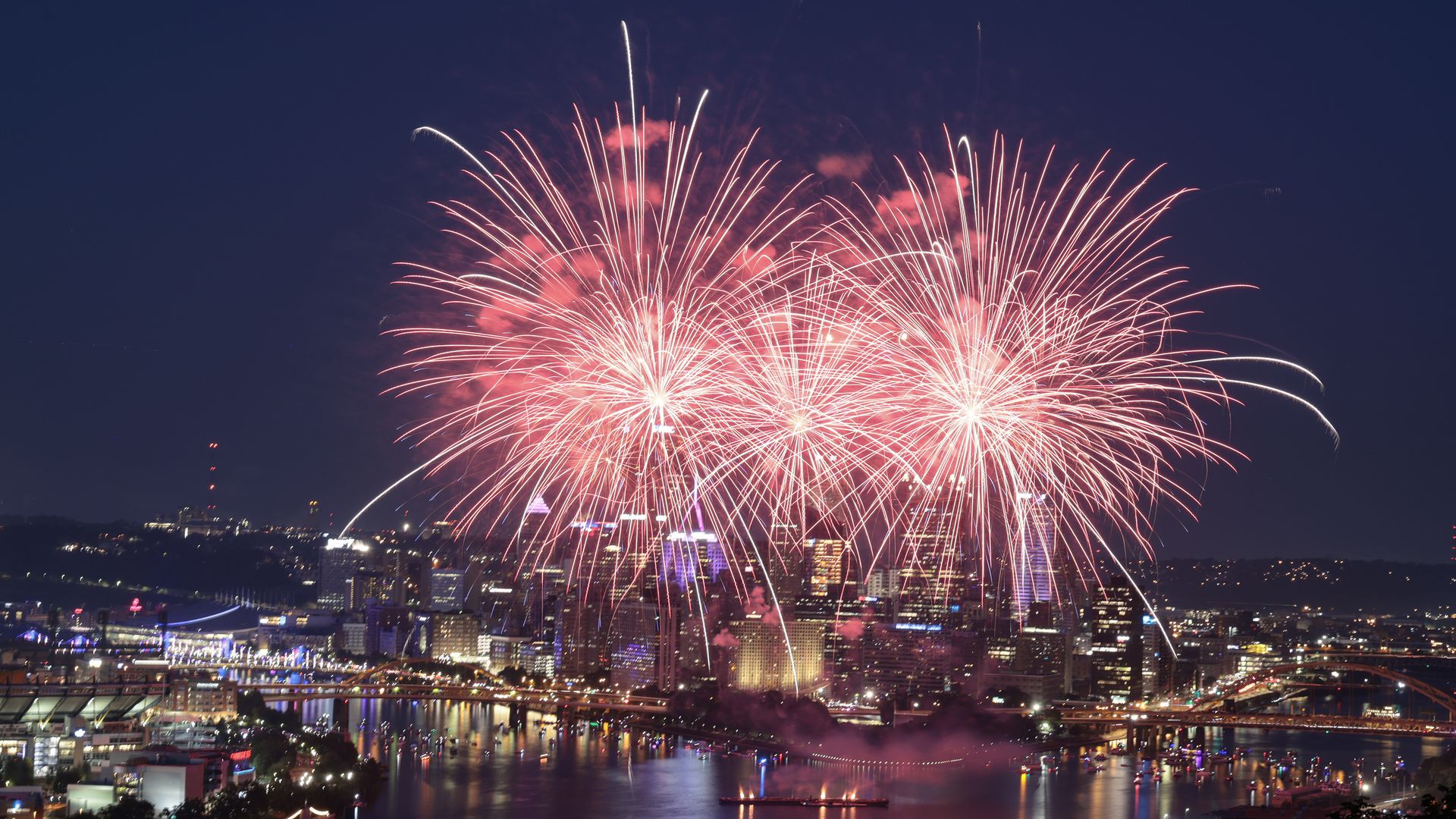 Fireworks display in Pittsburgh, United States, on July 4, 2025, as seen from West End Overlook Park. (Photo by Thomas O'Neill)