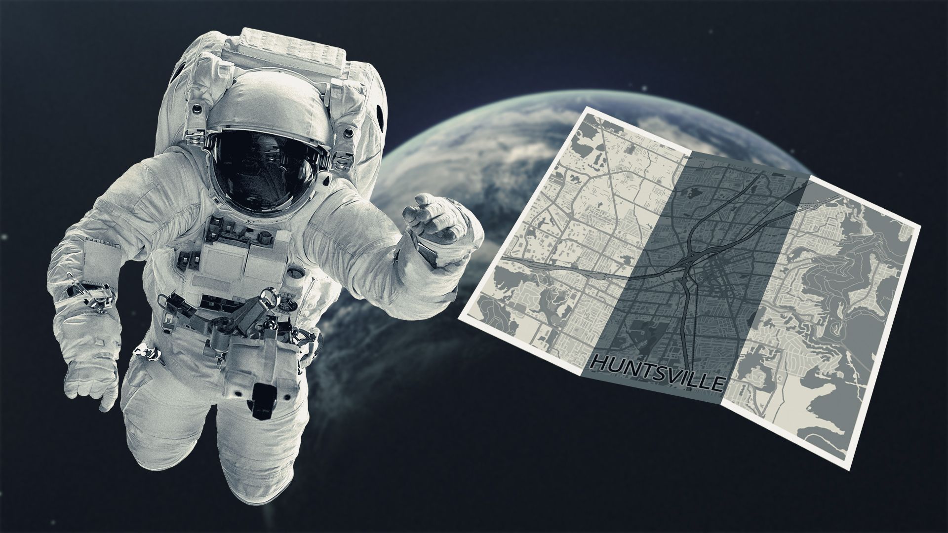 Illustration of an astronaut and a map of Huntsville floating in space.