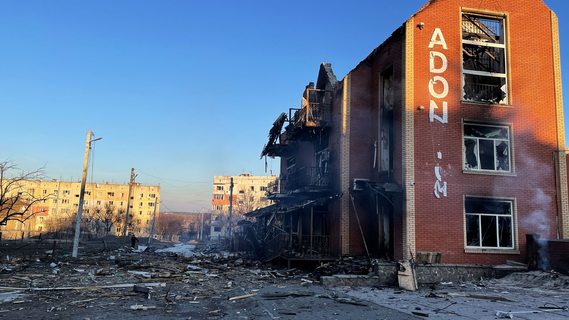 A view of a residential building destroyed by a Russian shelling attack.