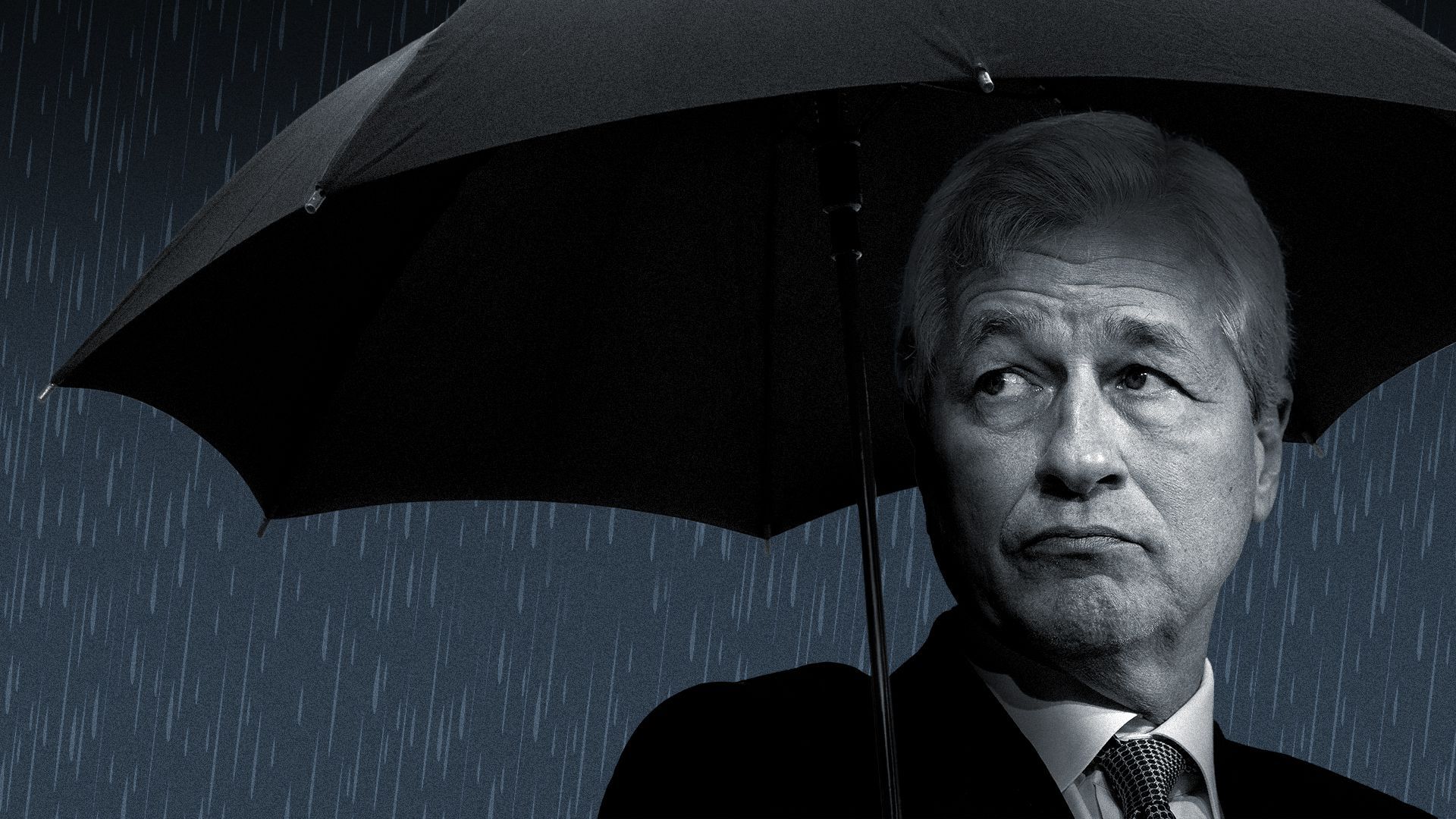 Photo illustration of Jamie Dimon under an umbrella on a stormy day. 