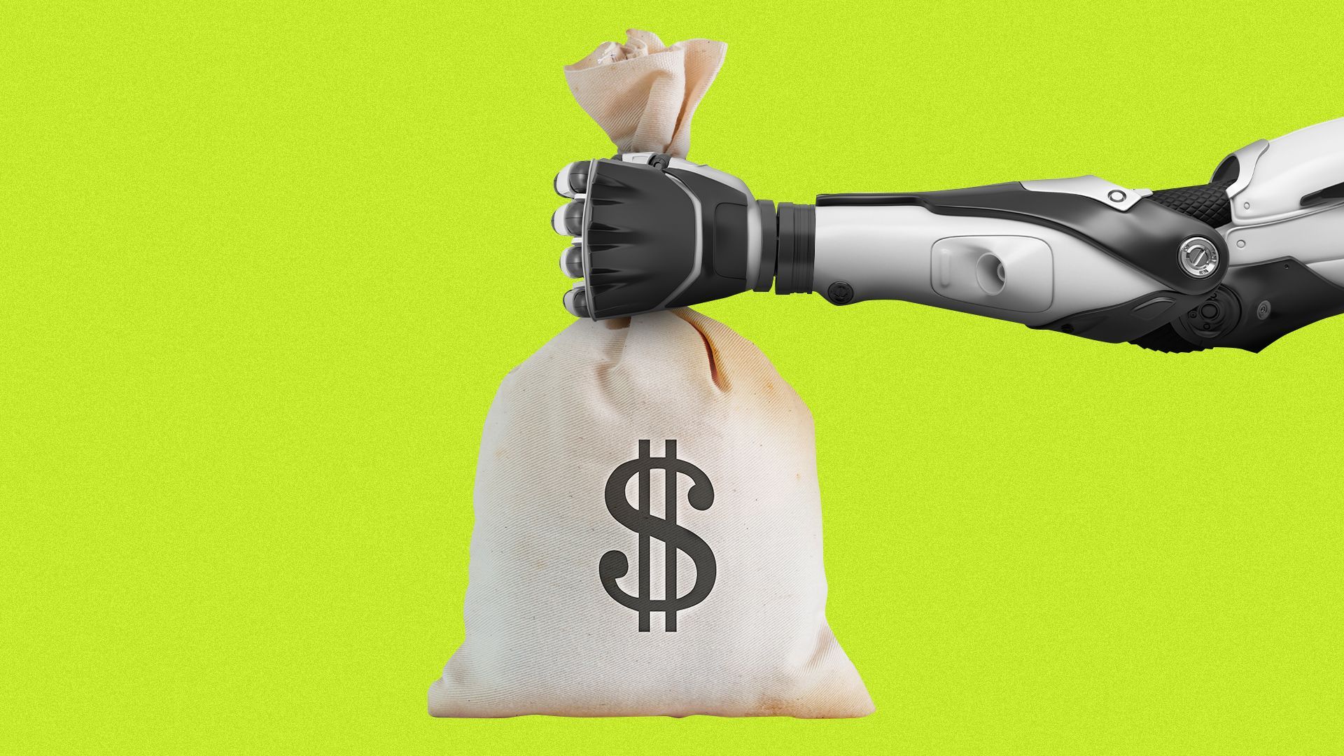 Illustration of a robot arm holding a bag of money.