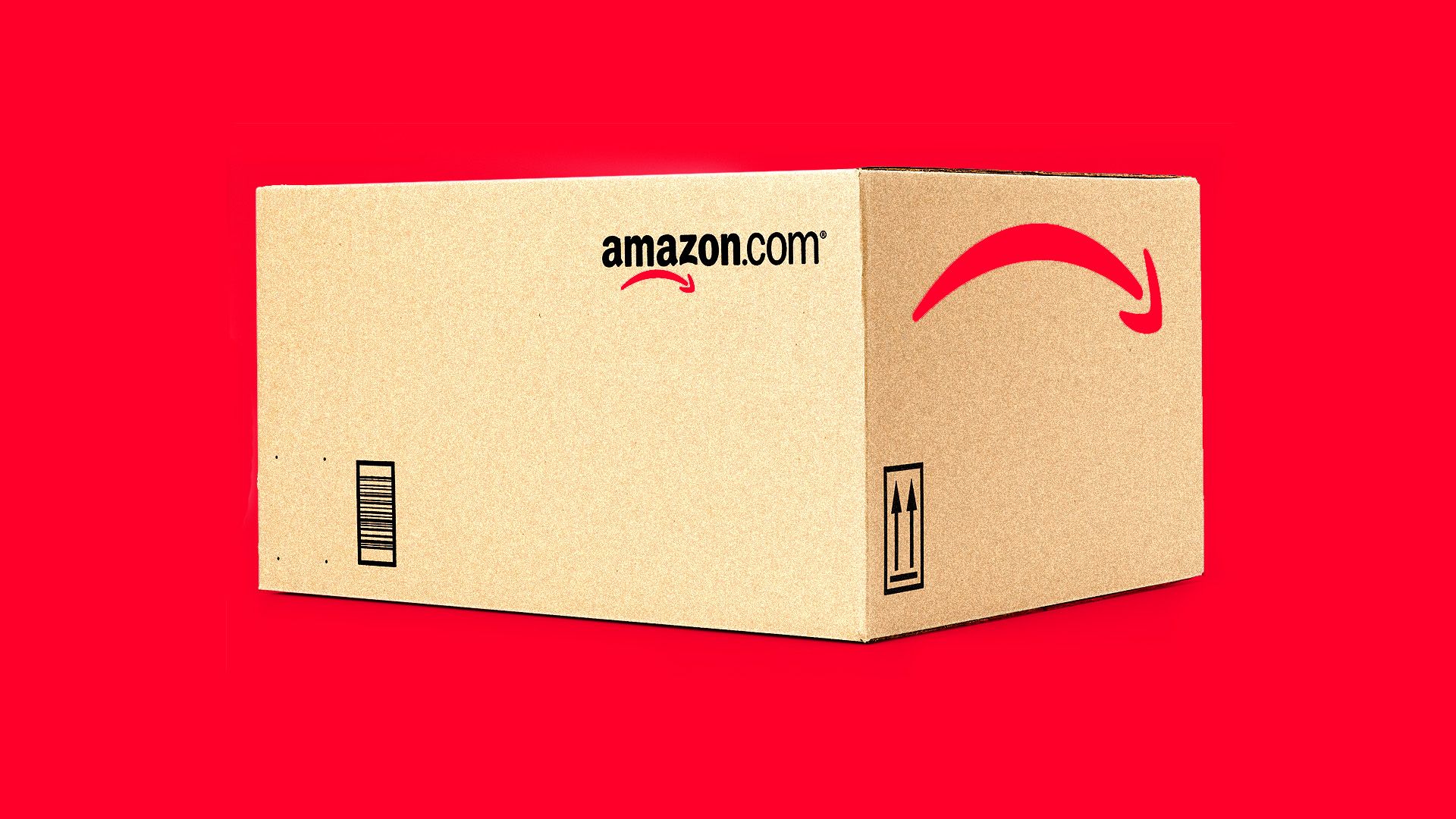 An Amazon box with a red arrow pointing down, against a red backdrop