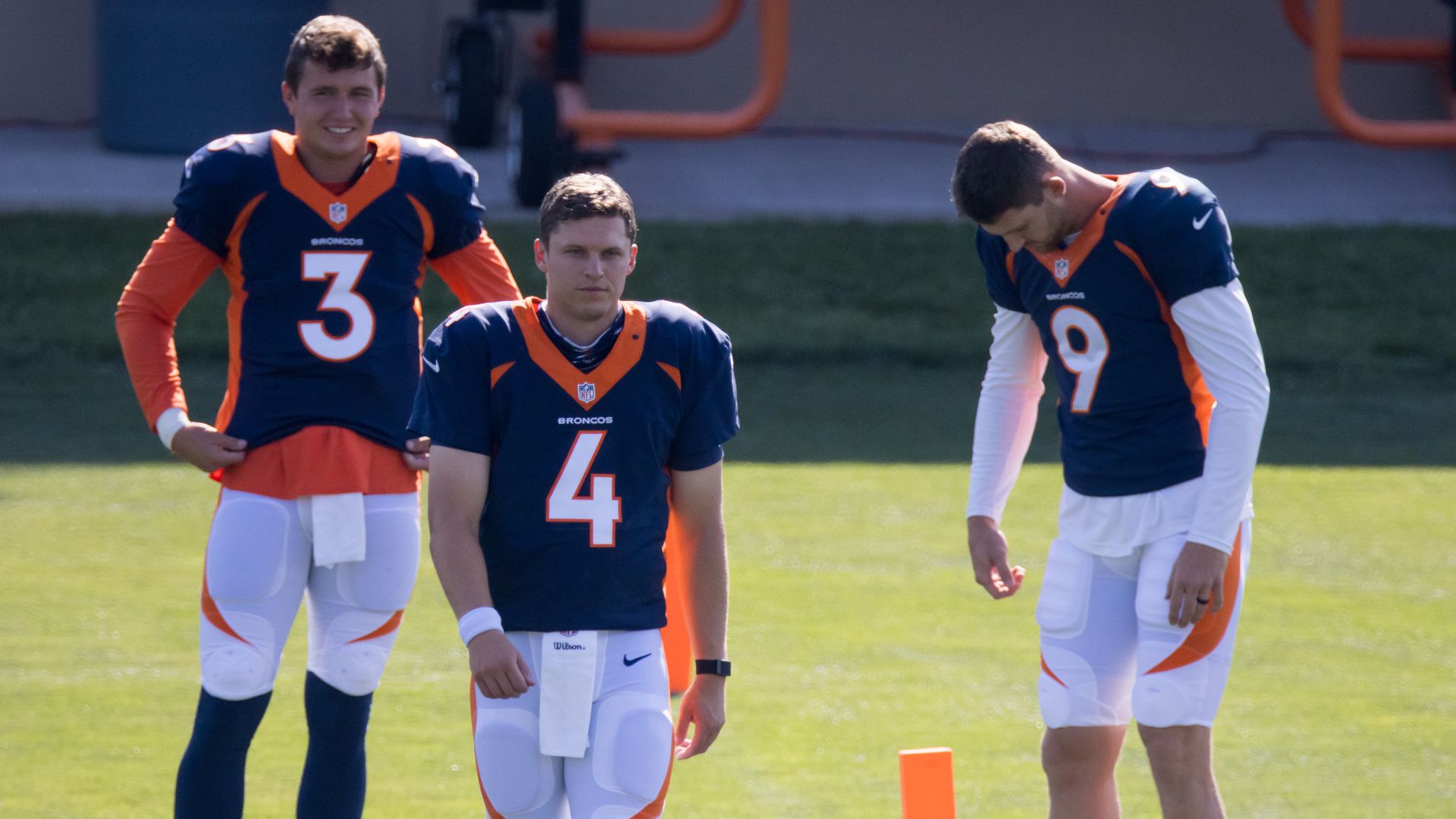 Denver Broncos quarterbacks Drew Lock (L), Brett Rypien and Jeff Driskel during a training session at UCHealth Training Center on August 17, 2020 in Englewood, Colorado. 