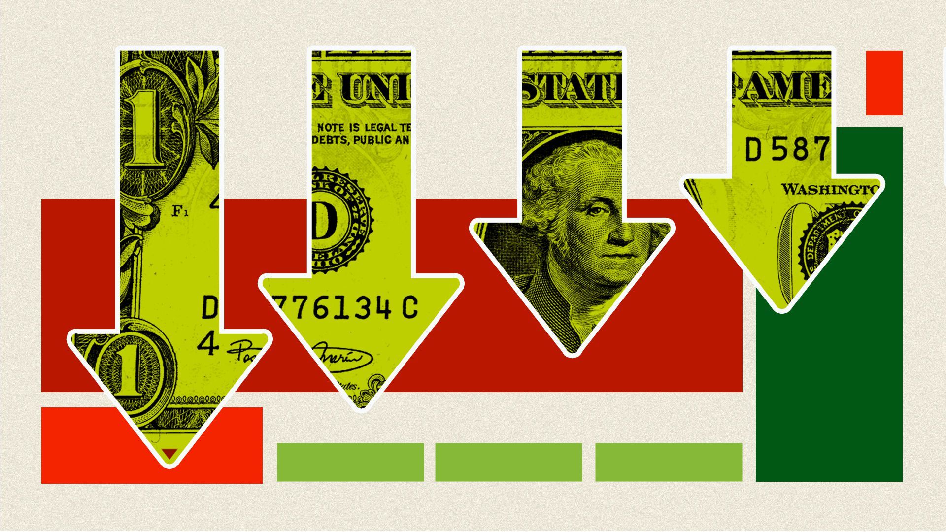 Illustration of money in the shape of downward pointing arrows.