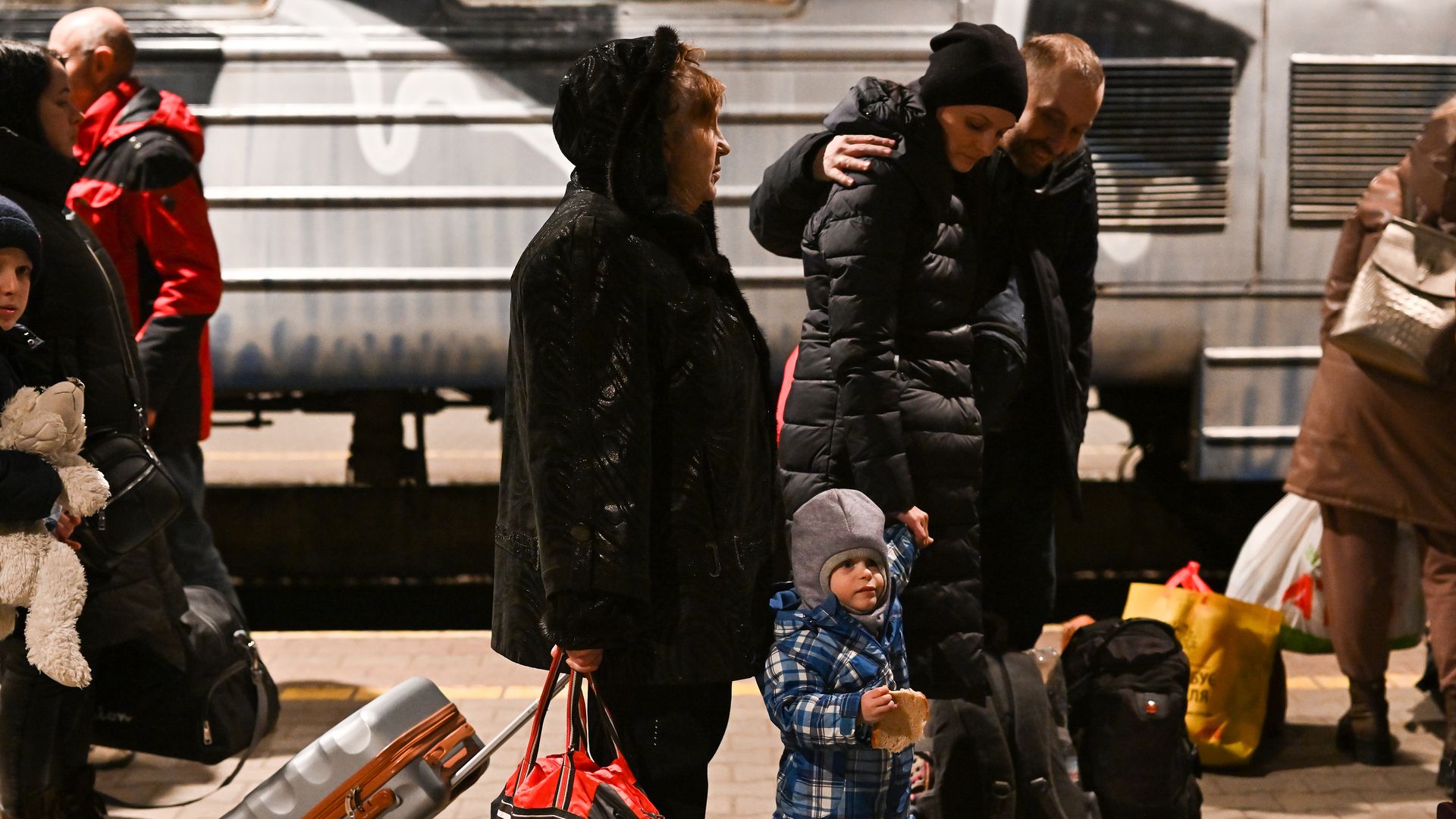 People arrive at Przemysl train station on a evening train from war-torn Ukraine on March 20, 2022 in Przemysl, Poland.