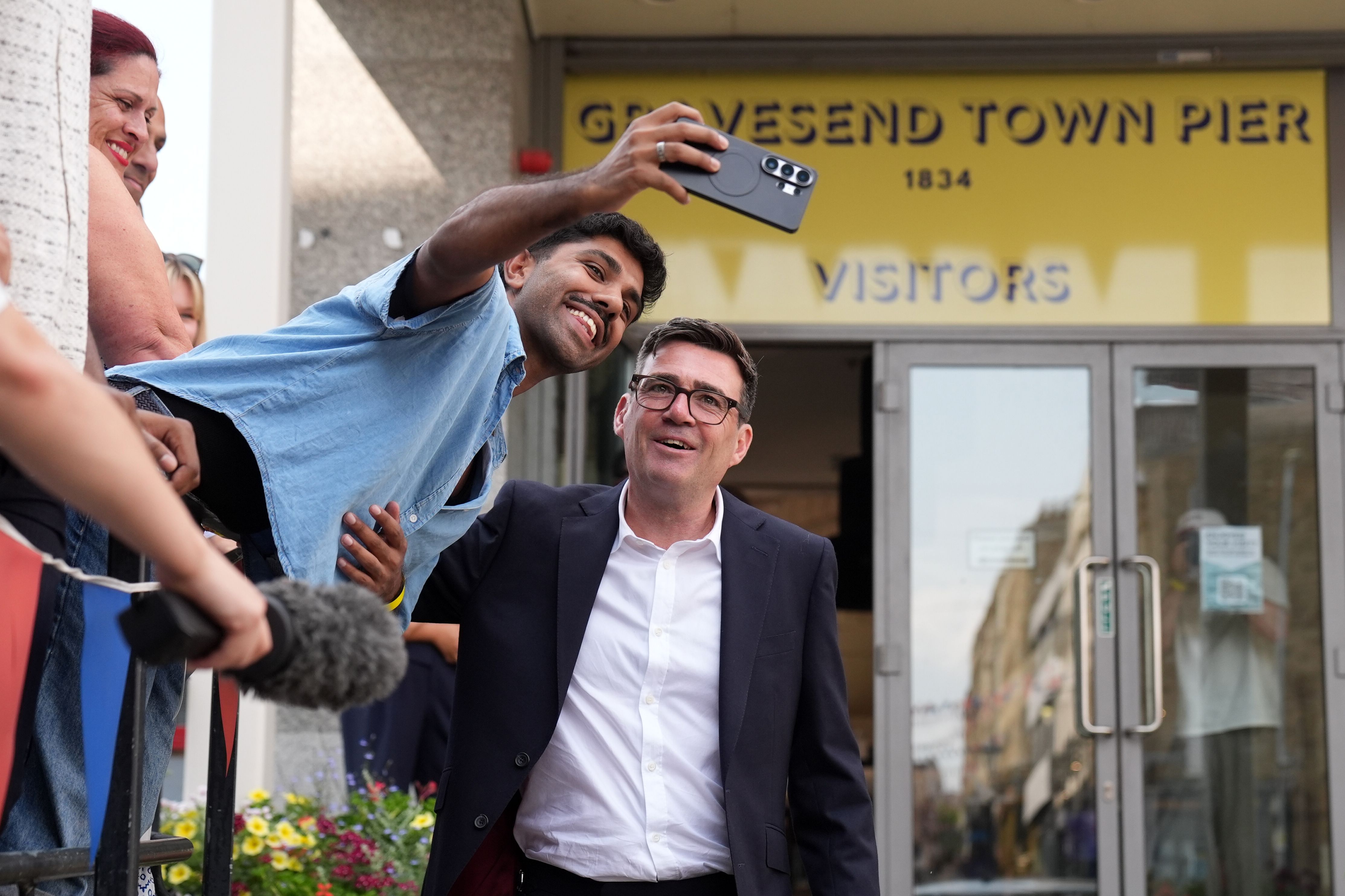 Andy Burnham takes a selfie today in Gravesend, England.