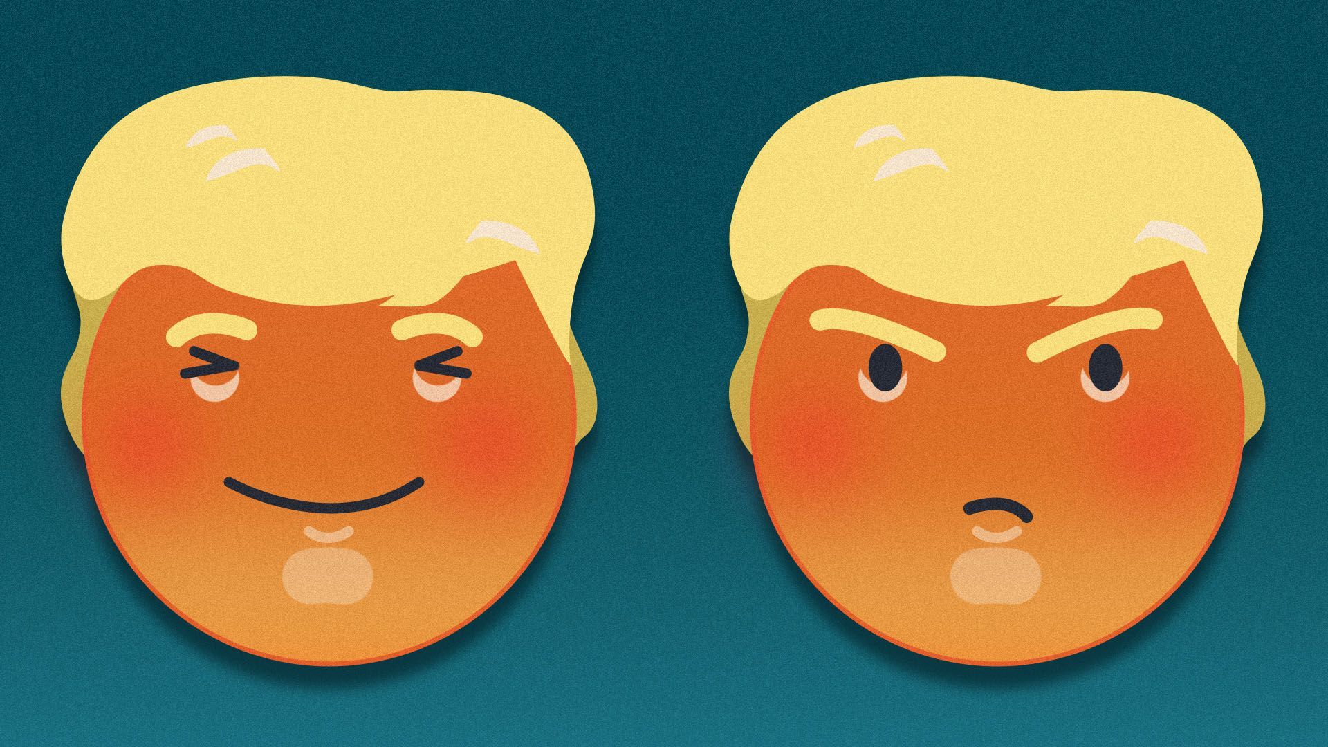 Illustration of a happy and mad President Trump-shaped emojis
