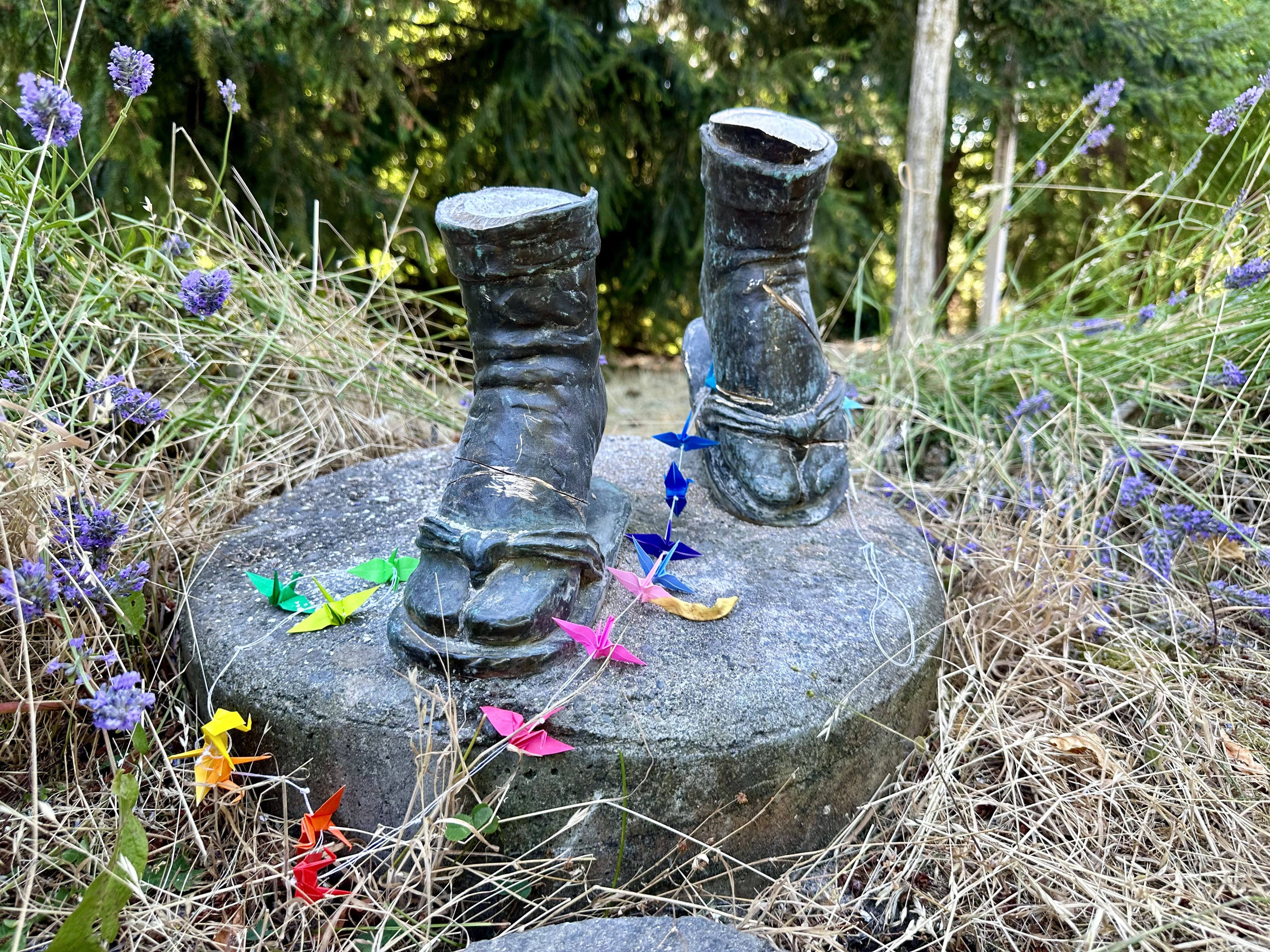The bronze sawed off feet of the statue of Sadako Sasaki after the rest of the statue was stolen.