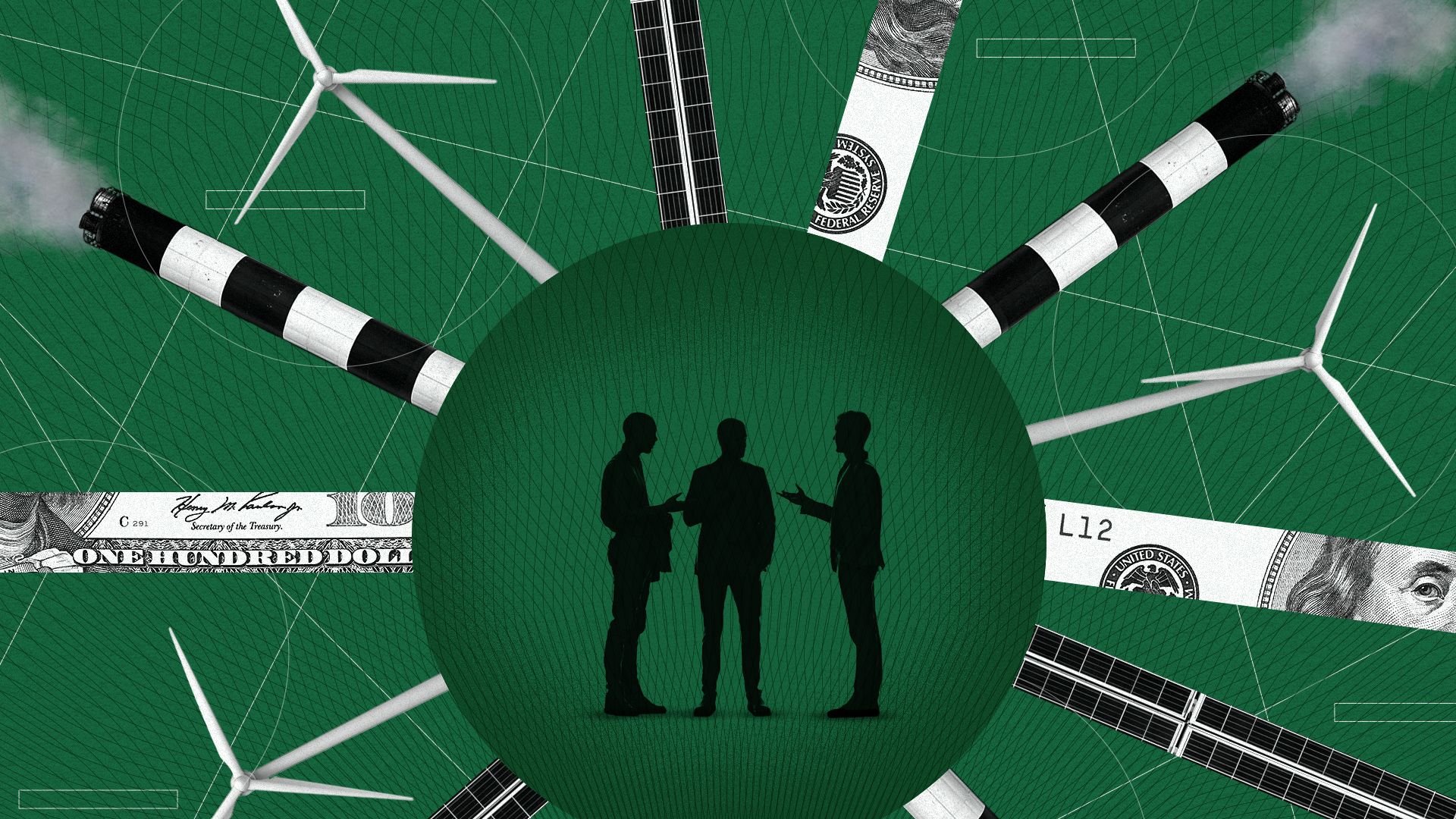 Illustrated collage with three business people in the center of the image with pieces of money, wind turbines, solar panels, and smoke stacks radiating outwards.