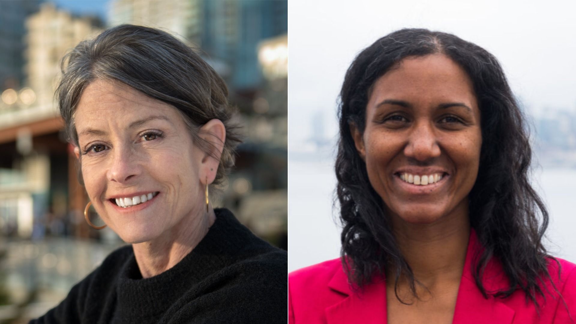 Side-by-side portraits of two smiling women; Sara Nelson at left, with short gray-brown hair wearing gold hoop earrings and black top, Dionne Foster at right, with long black hair in a bright pink blazer, outdoors.