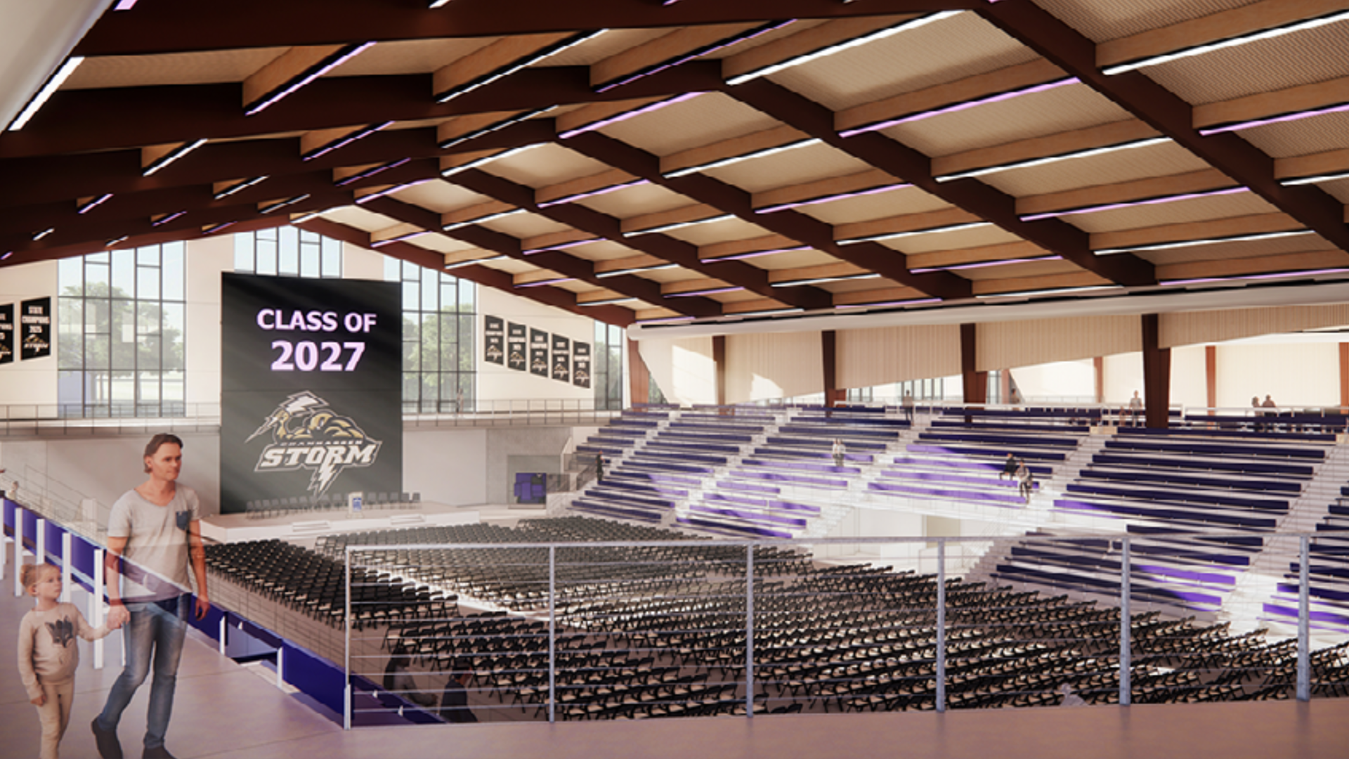 A rendering of an arena with seats and a person walking 