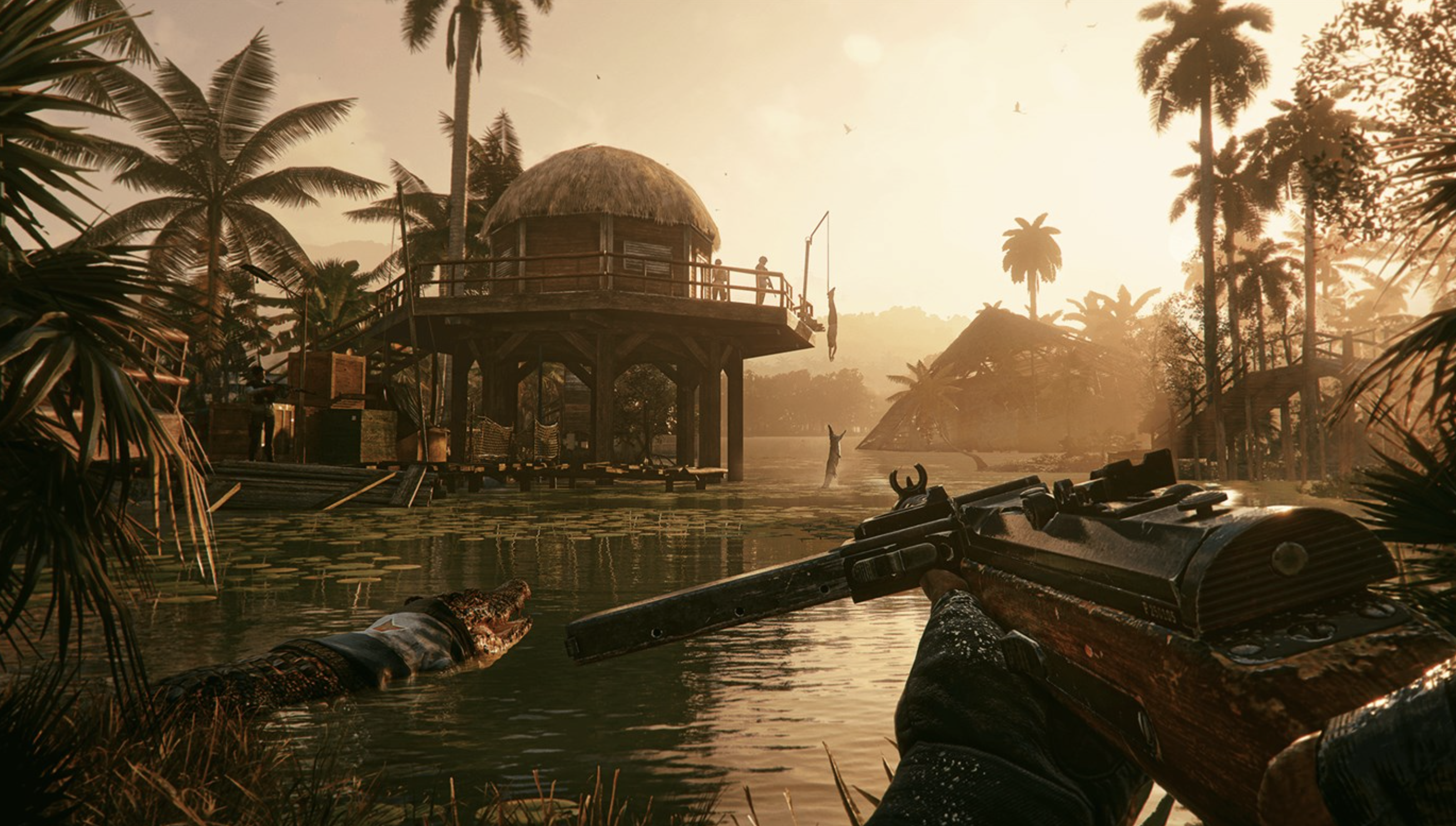 Video game image of a person looking down the sights of a crossbow as the sun sets on a lagoon