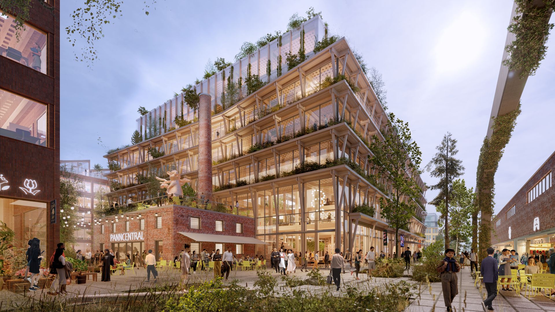 A rendering of a building made out of wood in a city center