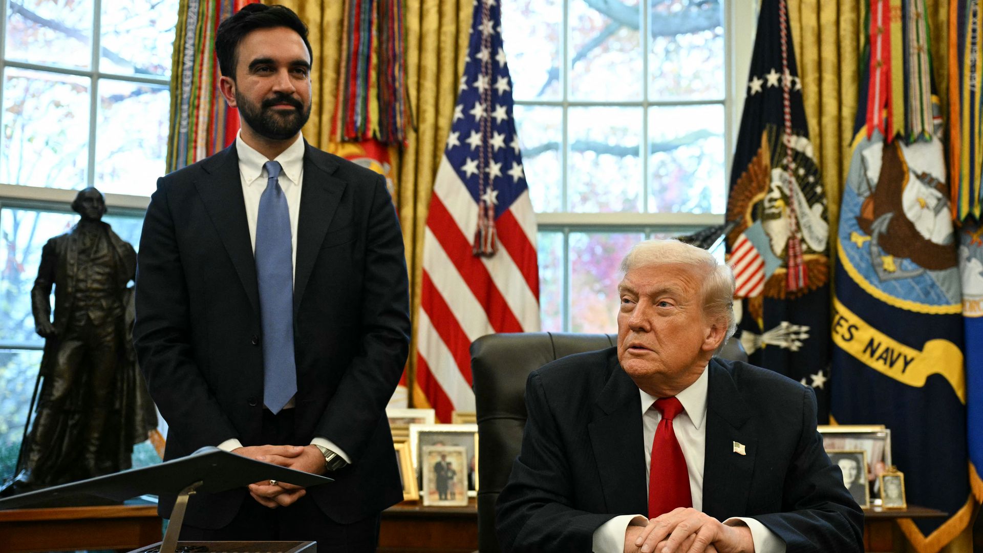 President Donald Trump and New York City Mayor-elect Zohran Mamdani meet in the Oval Office at the White House on Nov. 21, 2025.