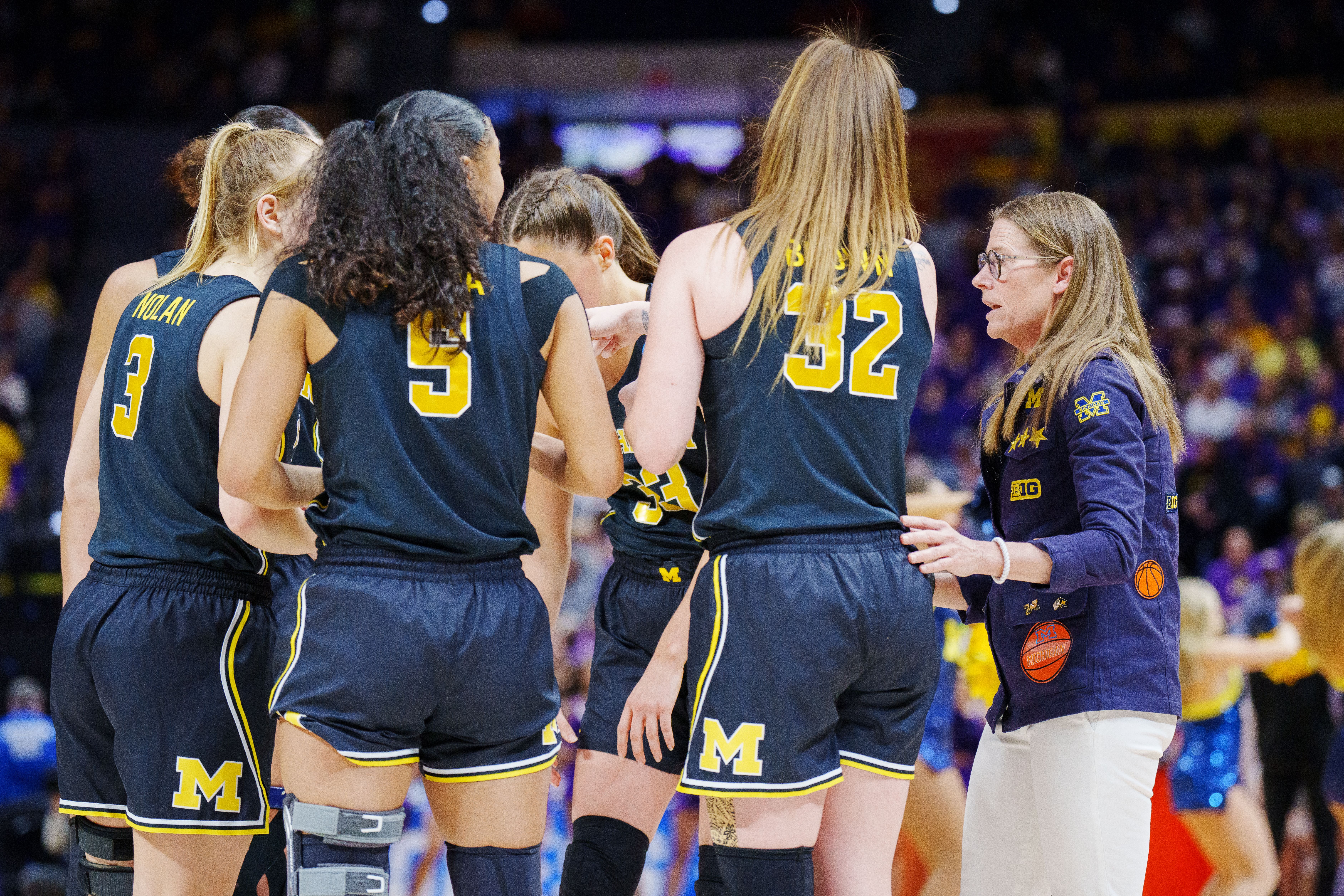Michigan Wolverines Head coach Kim Barnes Arico of the talks to her team during the second round of the 2023 NCAA Women's Basketball Tournament.