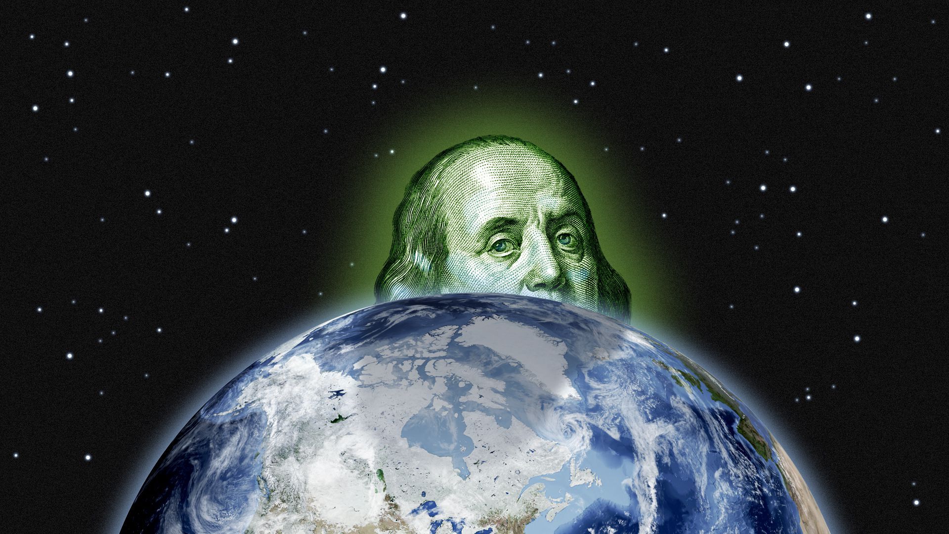 Illustration of a giant Benjamin Franklin peering over the earth