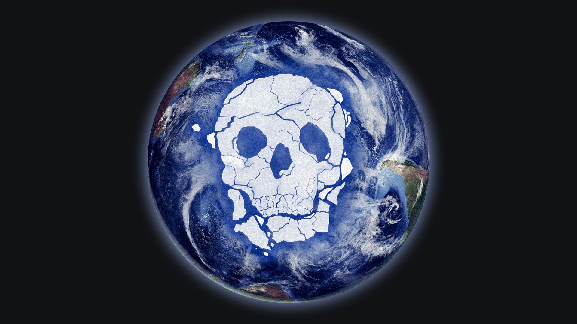 Illustration of the Antarctic ice melted into the shape of a skull.