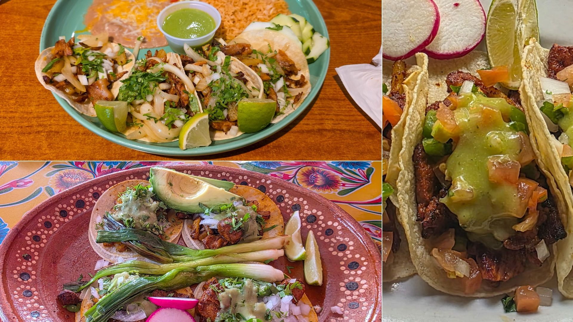 Three images showing plates of Mexican tacos with meat, chopped onions, cilantro, green sauce, lime wedges, radish slices, grilled green onions, rice, and refried beans on colorful plates.
