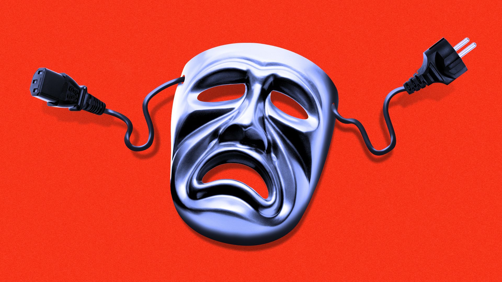 Illustration of a tragedy mask with electrical cords for laces